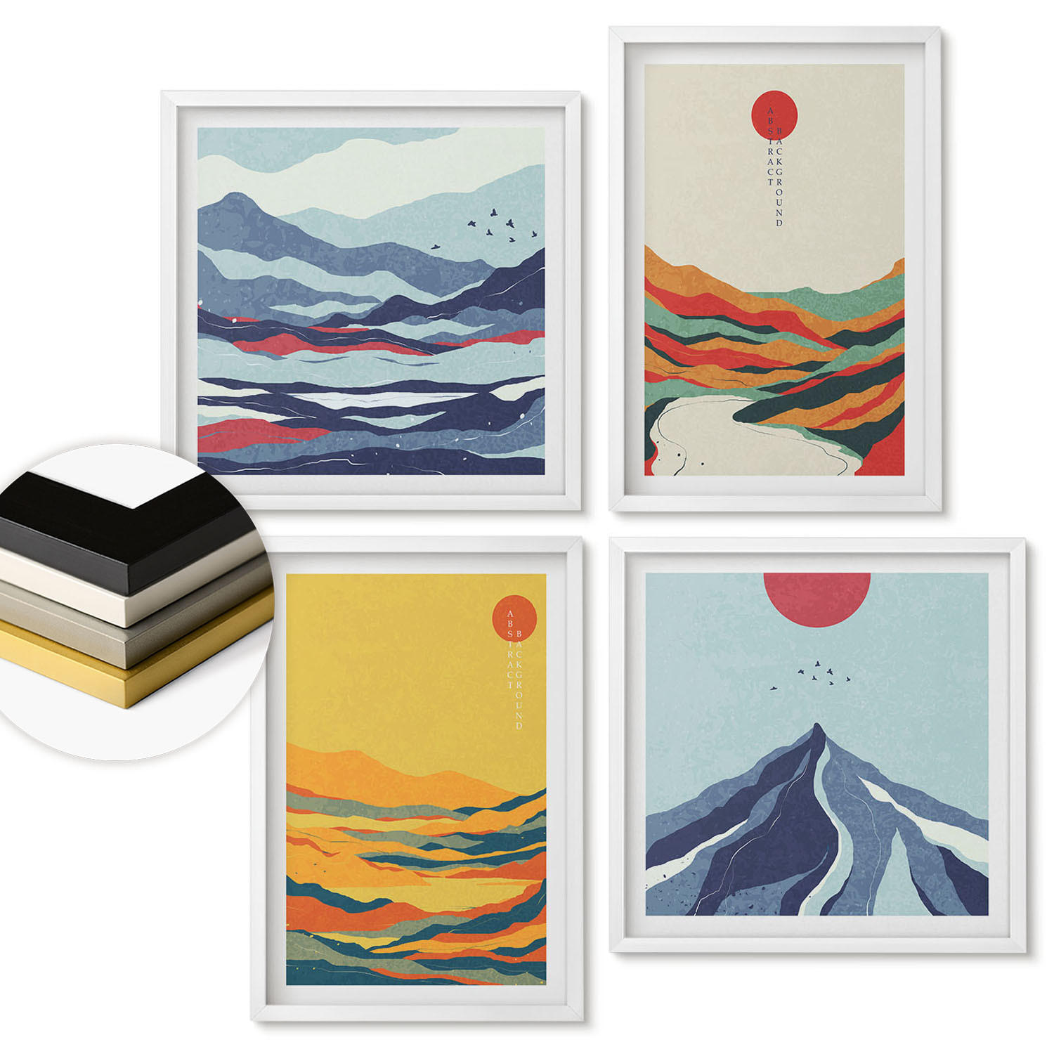 WANDBILDER 4er-Set - 50x50 cm & 40x60 cm Weißer Rahmen - Farbenfrohe abstrakte Flussberge - Weiß, Kunststoff (50/50cm) - ArtPrintCave
