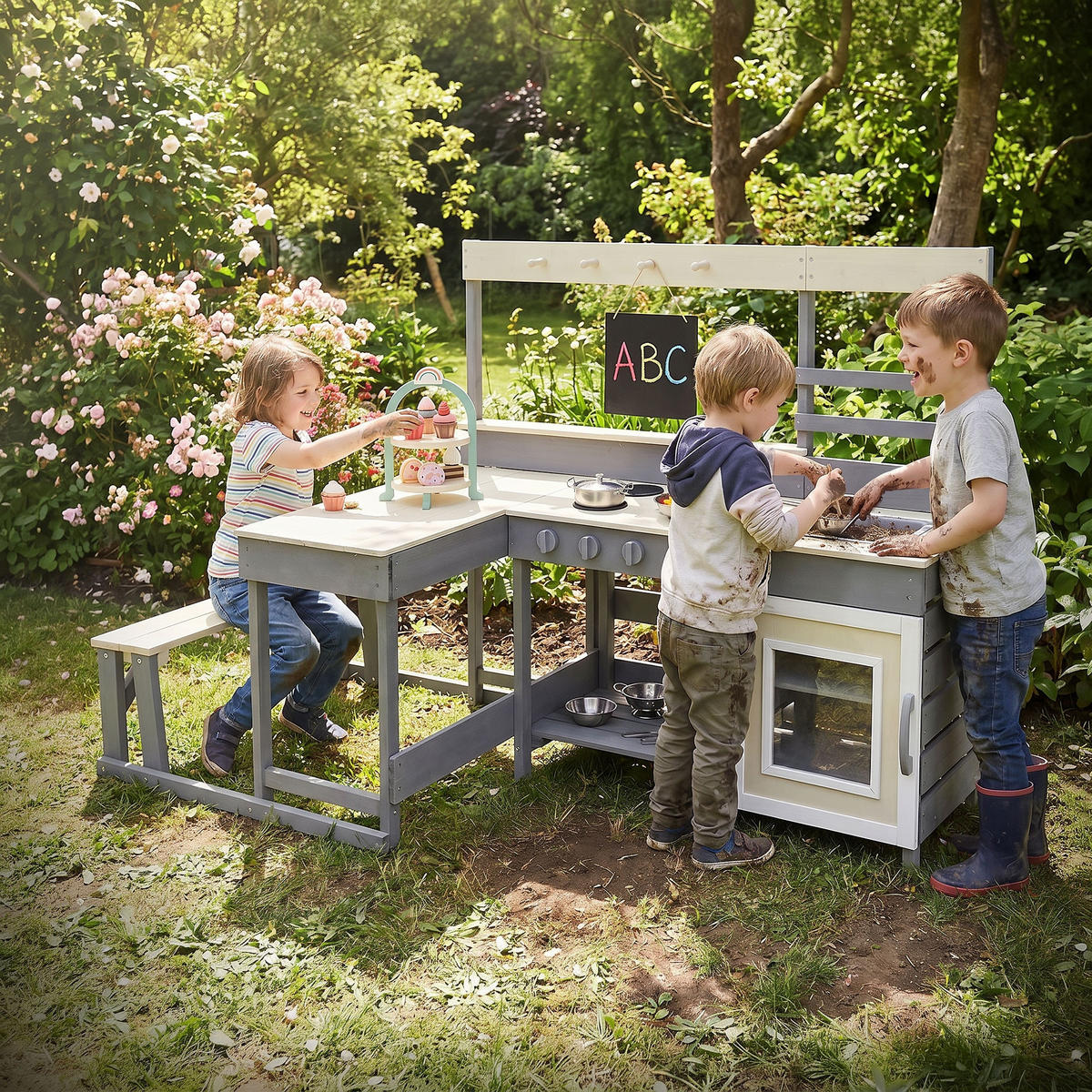 KINDERKÜCHE aus Tannenholz 71,5 x 151 x 98,5 cm Lila-Beige - Beige, Holz (71.5/151/98.5cm) - Joyz
