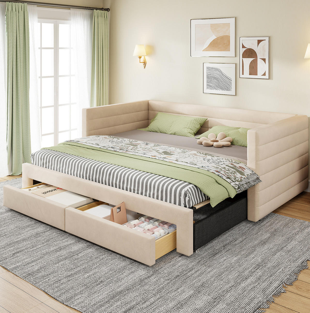 TAPECIRANI krevet od pamuka i lana 90x190 cm bež s izvlačnim ležajem i 2 ladice - bež, tekstil (90/190cm) - Modfu