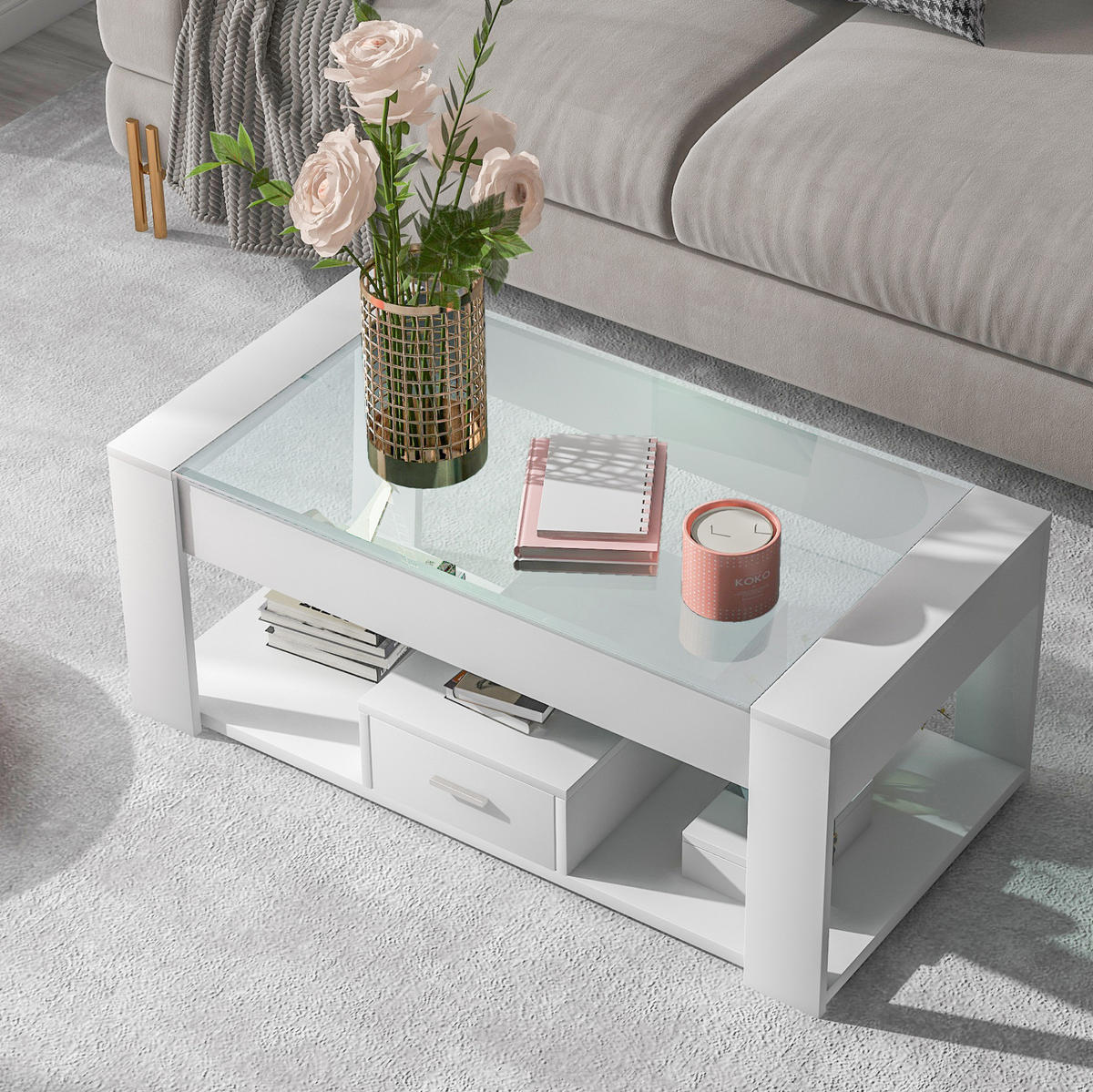 COUCHTISCH, weiße Glasplatte, Spanplatte, 2 Schubladen & offenes Fach, 100/50/40 cm,weiß - Weiß, Holzwerkstoff (100/50/40cm) - Redom