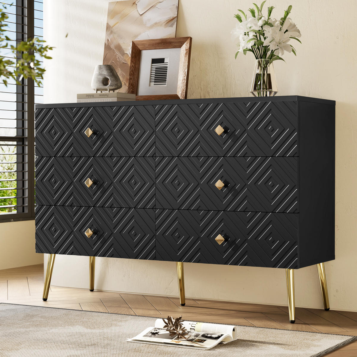 SIDEBOARD mit 6 Schubladen und geometrischem Muster Schwarz - Schwarz, Holzwerkstoff (40/80/120cm) - Urban Meuble