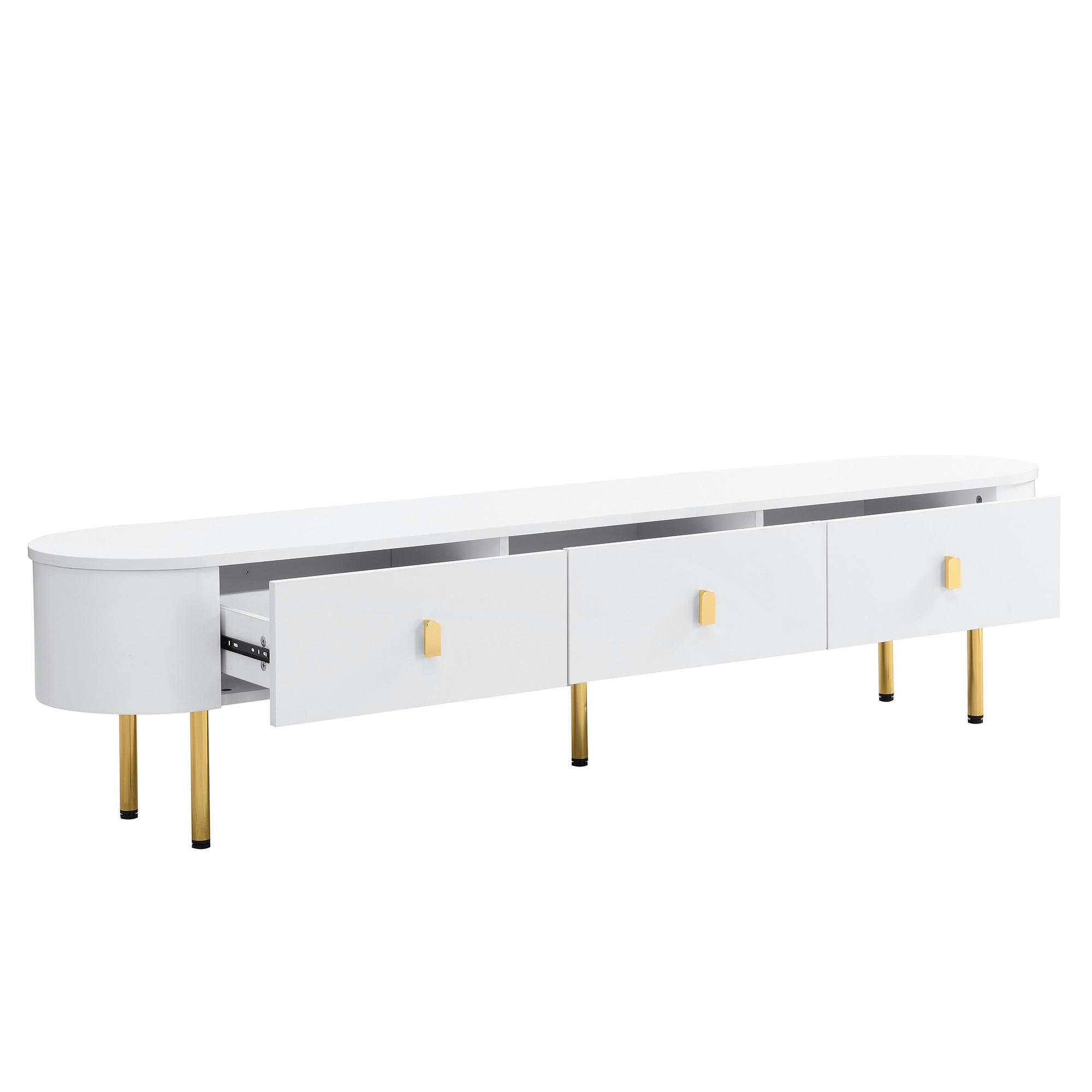 TV Lowboard 174x35x41 cm, gebogene Platte, goldene Füße, Weiß - Weiß, Holz (174/41/35cm)
