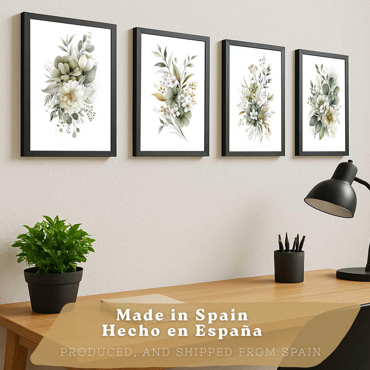 PLAKAT Sada 4 botanických uměleckých tisků. Akvarelové květinové nástěnné umění. Velikost Černý rám A3 - černá, papír (29.7/42/3cm) - Nacnic