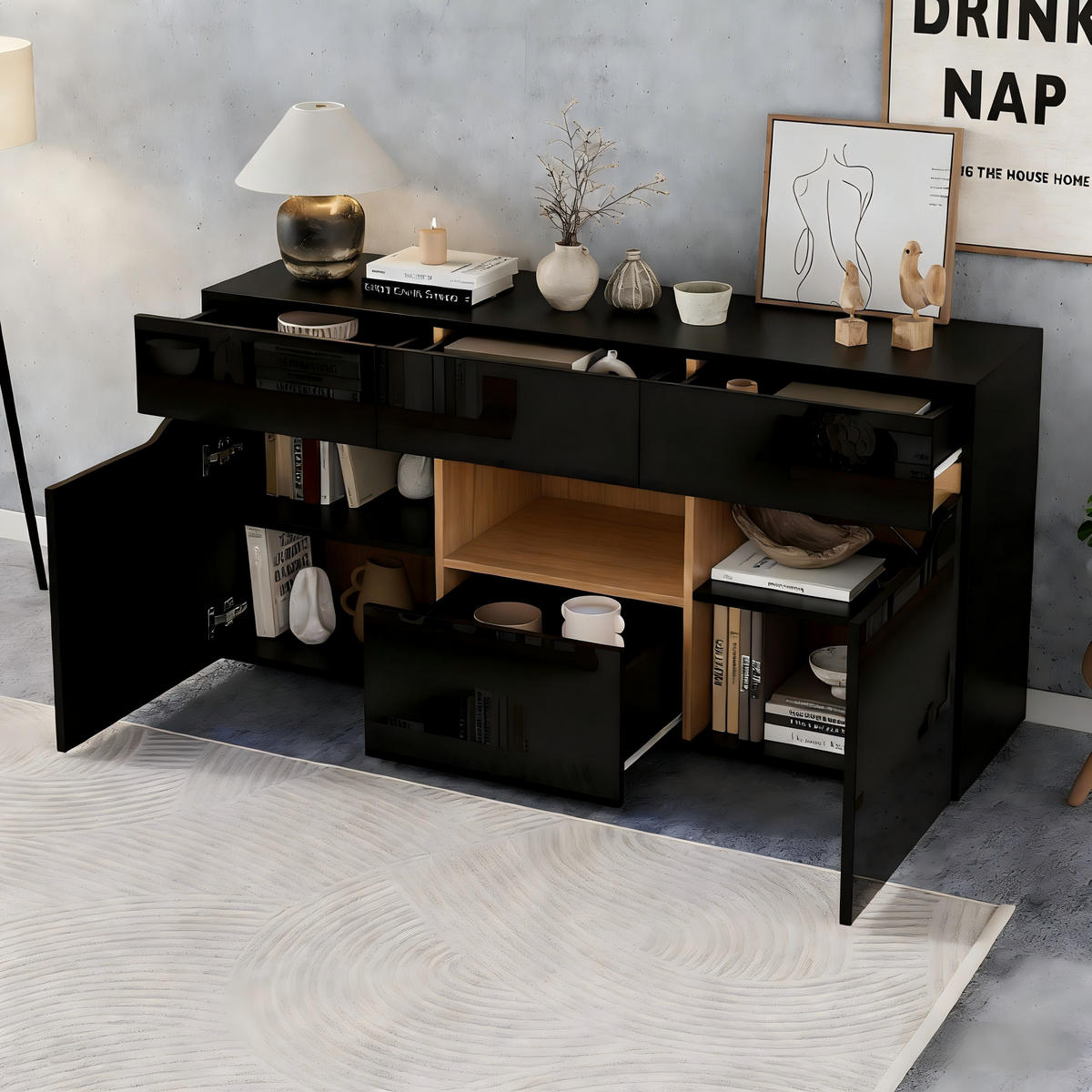 SIDEBOARD aus Spanplatte 140x40x70 cm Schwarz/Naturholz mit LED-Beleuchtung, 4 Schubladen, 2 Schränken und Hochglanz-Front - Schwarz, Holzwerkstoff (140/70/40cm) - Modfu