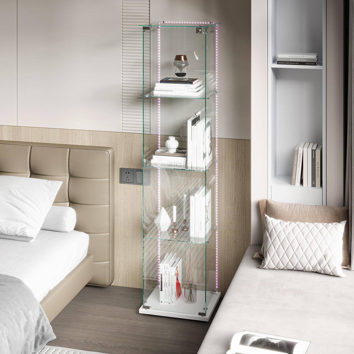 GLASVITRINE mit 4 Ablagen, LED-Lichtleiste, Doppeltüren, Weiß - Weiß, Glas (39.8/163/35cm) - BRILVERDE