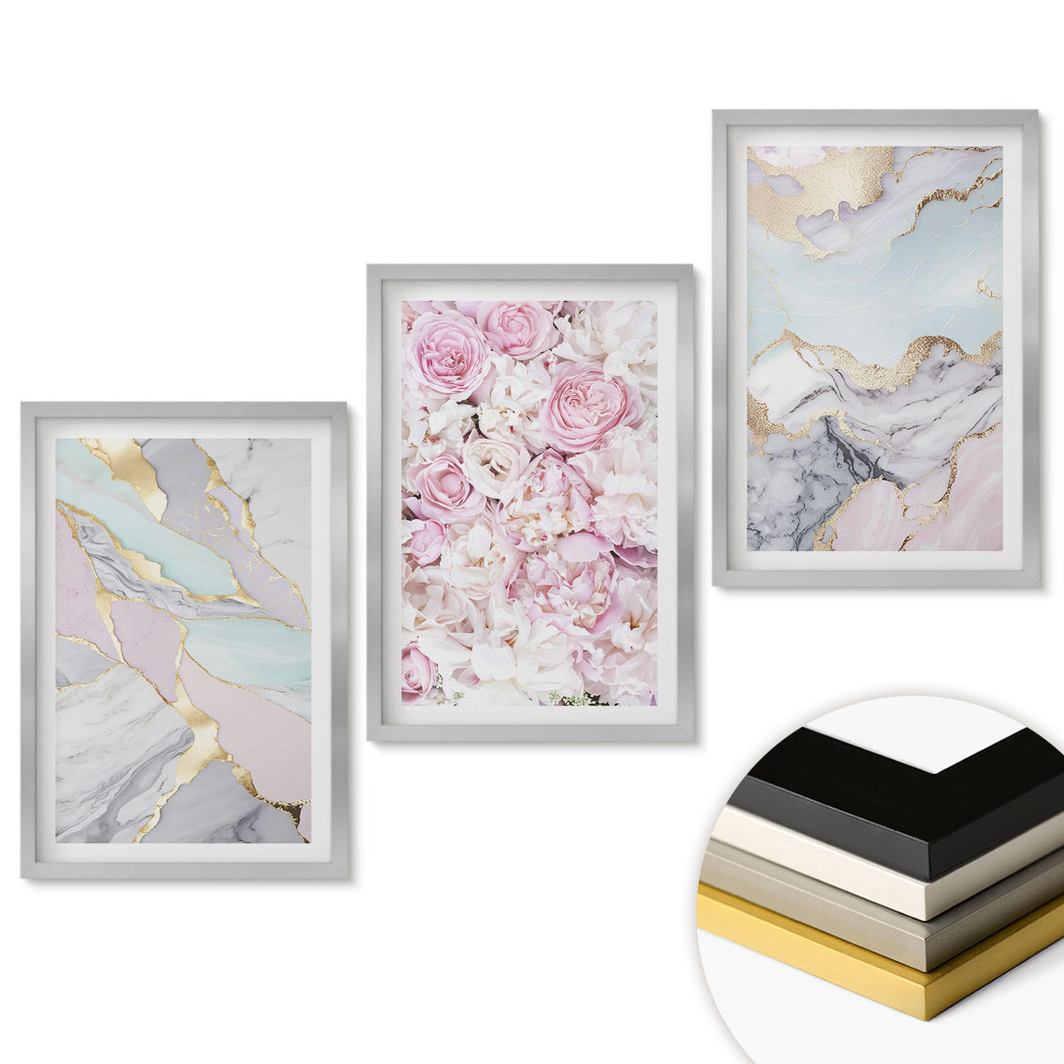 WANDBILDER 3er Set - 40x60 cm Silberner Rahmen - Rosa Blumen Marmor Pastell - Silberfarben, Kunststoff (40/60cm) - ArtPrintCave