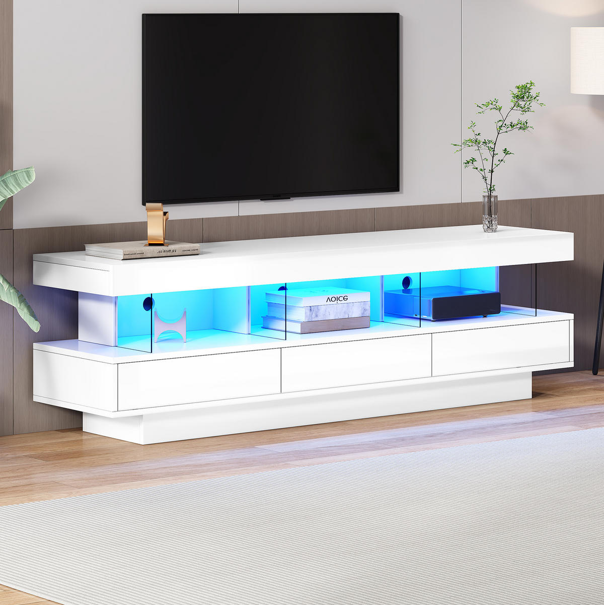 LOWBOARD 160/38/50.5 cm Weiß aus Spanplatte mit Hochglanz und LED-Beleuchtung - Weiß, Holzwerkstoff (38/50.5/160cm) - OKMYHOME