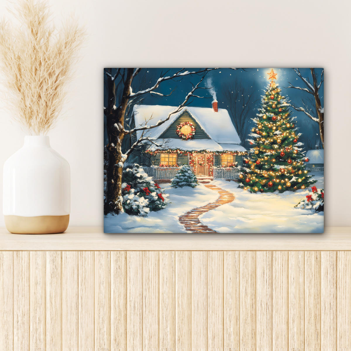 LEINWANDBILD Weihnachten - Weihnachtsbaum - Winter - Zuhause - Schnee 40x30 cm - Smaragdgrün, Textil (40/30cm) - MuchoWow