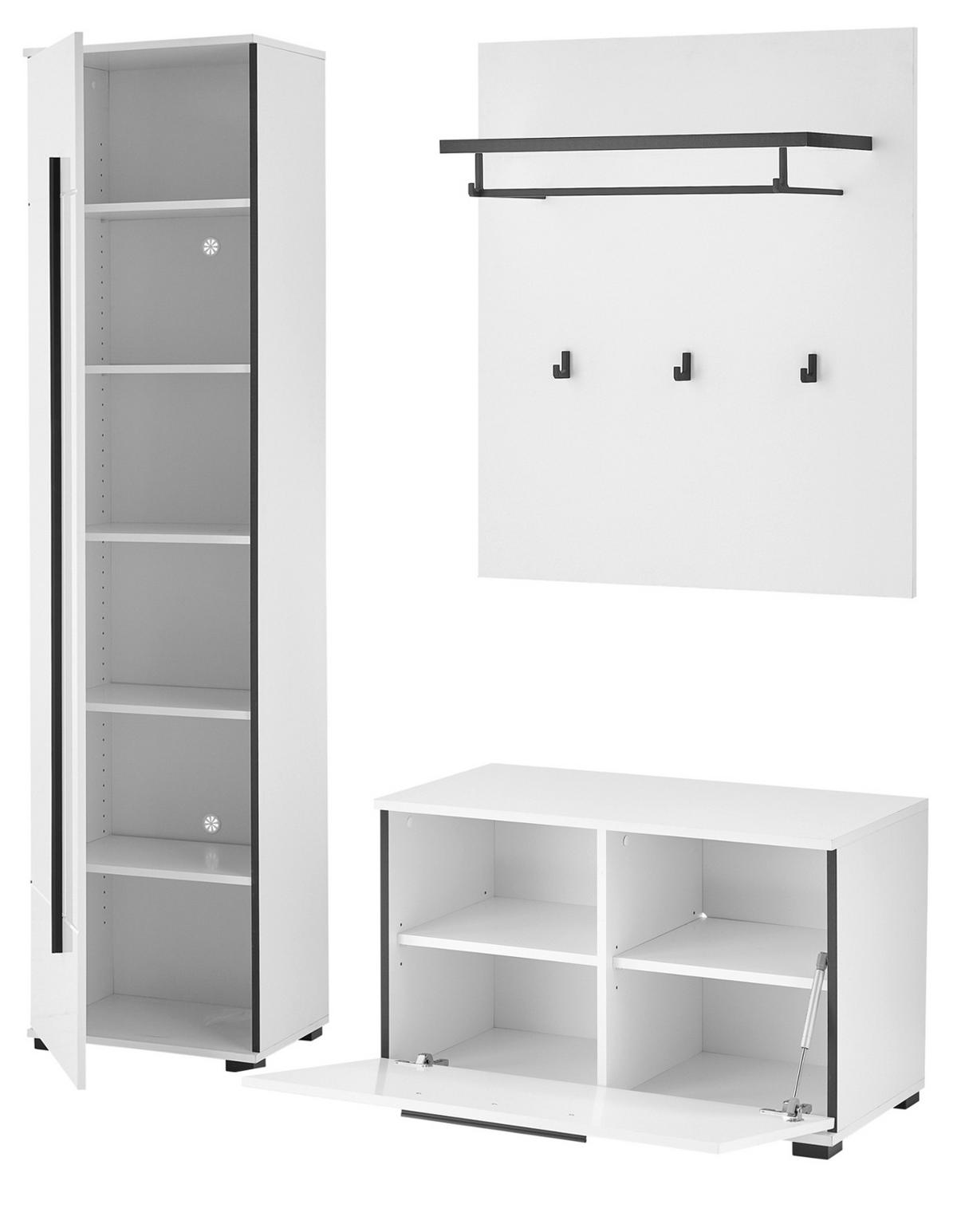 GARDEROBEN-SET weiß Hochglanz 4-teilig 140 cm, Flurgarderobe mit Soft-Close - Weiß Hochglanz/Dunkelgrau, Holzwerkstoff/Kunststoff (140/200/40cm) - Furn.Design