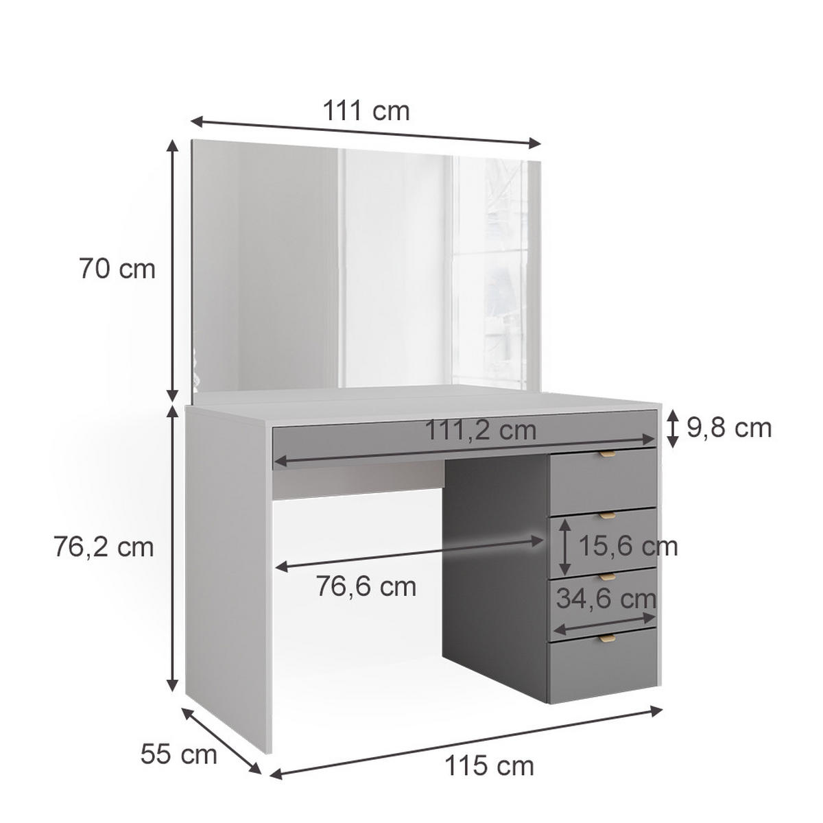SCHMINKTISCH Elise Weiß/Grau/Grau 115 cm mit Spiegel - Weiß/Grau, Holzwerkstoff (115/76/55cm) - Vicco