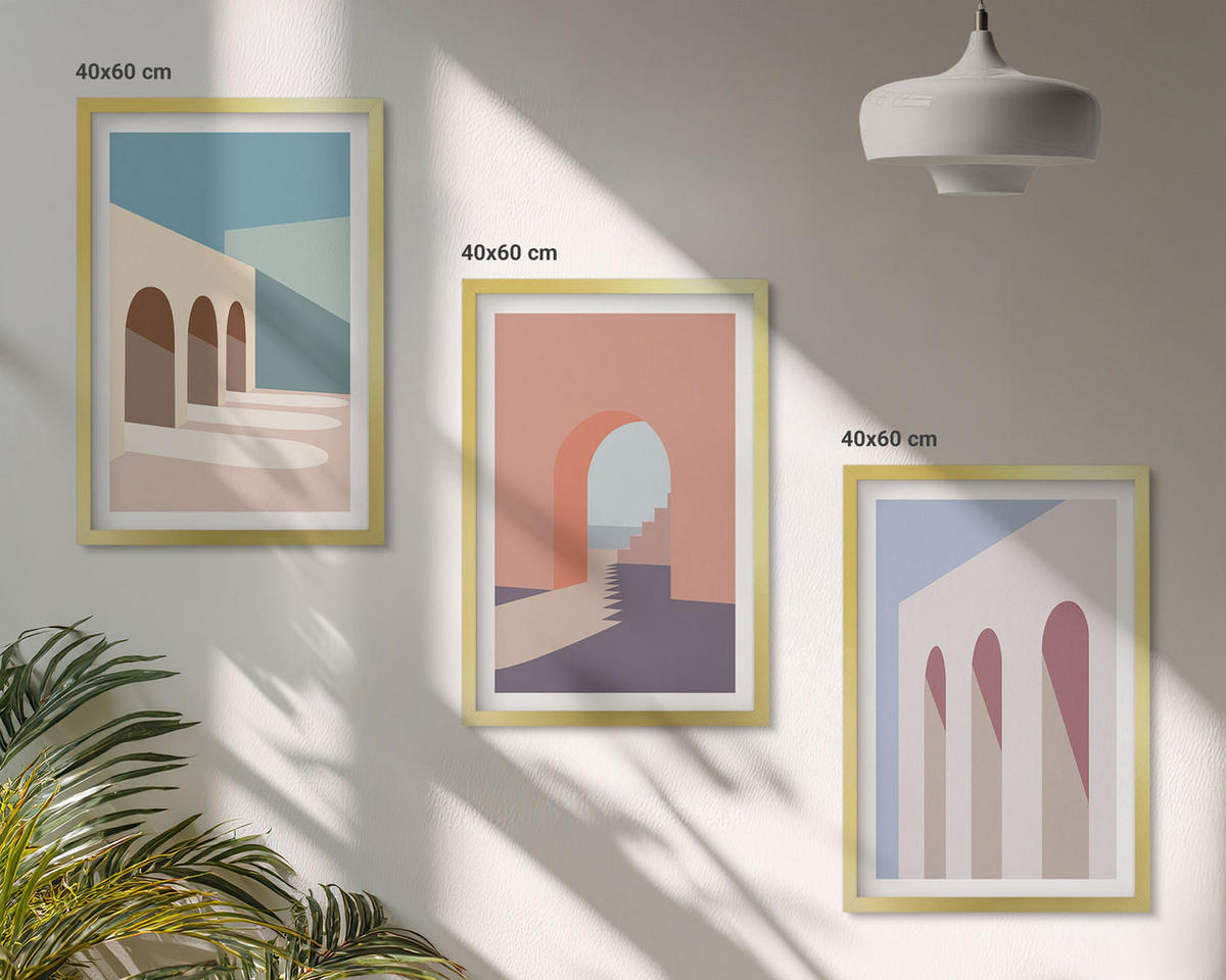 WANDBILDER 3er Set - 40x60 cm Goldrahmen - Architekturgrafiken in Pastellfarben - Goldfarben, Kunststoff (40/60cm) - ArtPrintCave