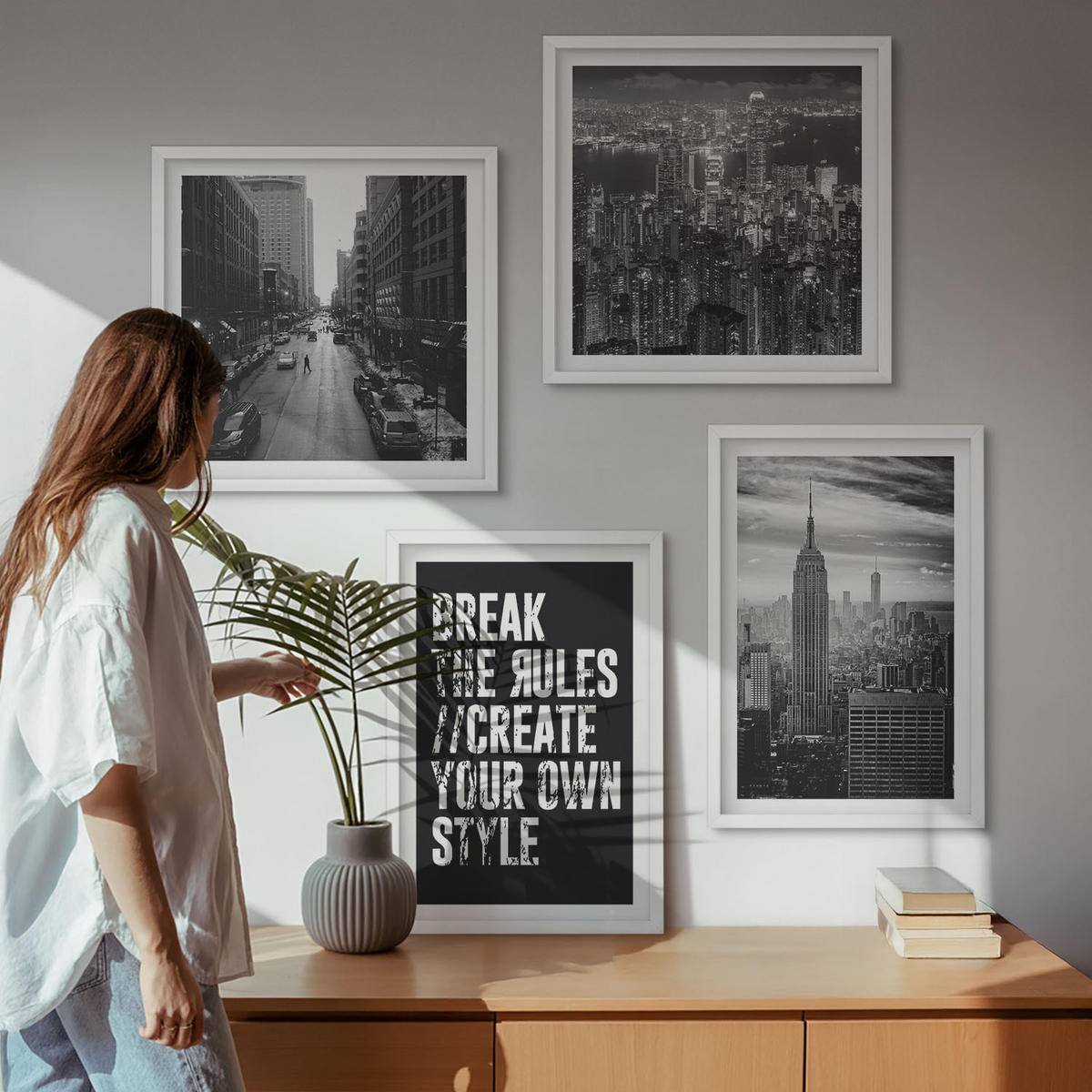 BILDER SET 4er Set - 50x50 cm & 40x60 cm Weißer Rahmen - Inspiration für Schwarz-Weiß-Darstellungen von Stadtstraßen - Weiß, Kunststoff (50/50cm) - TULUP