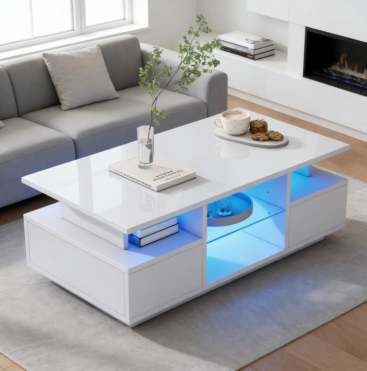 COUCHTISCH 100/50/36 cm Weiß aus Spanplatte mit 2 Schubladen und LED-Beleuchtung - Weiß, Holzwerkstoff (100/50/36cm) - OKMYHOME
