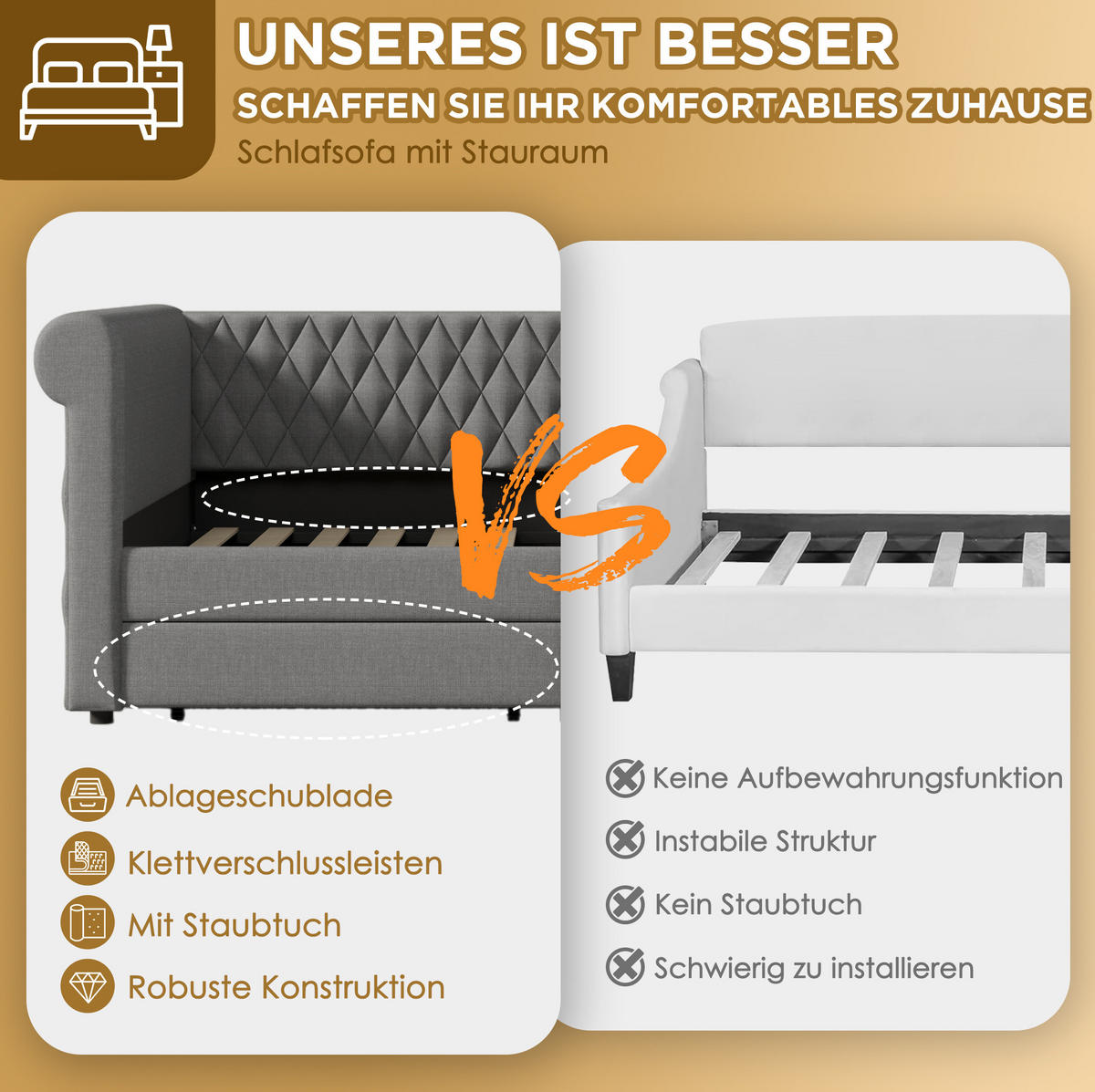 POLSTERBETT aus Leinen 90x200 cm in Grau mit 2 Schubladen - Grau, Textil (90/200cm) - Modfu