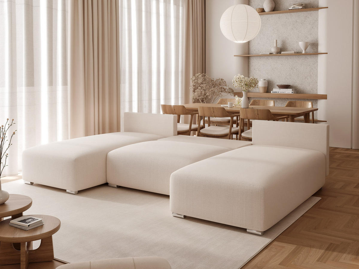 WOHNLANDSCHAFT ELVO mit Schlaffunktion und Bettkasten Creme - Creme, Holzwerkstoff/Kunststoff (300/91/190cm) - Idohome