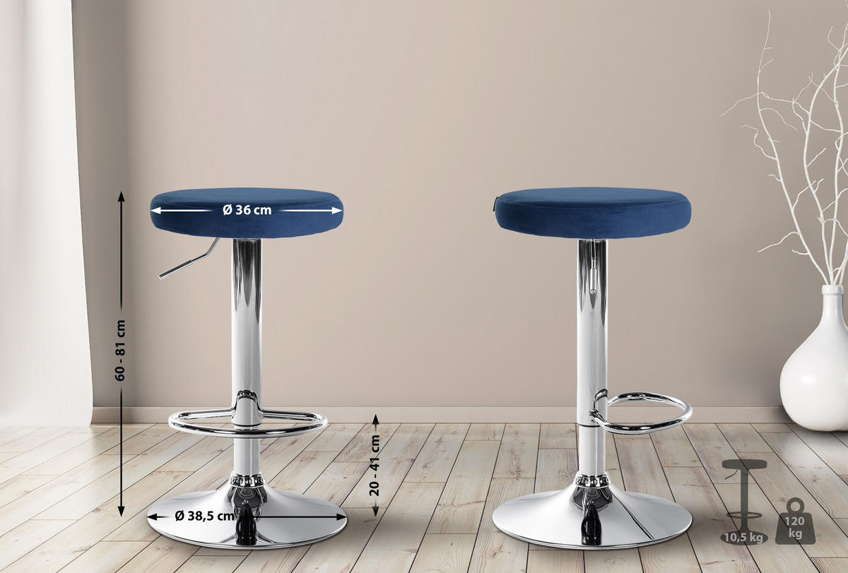 BARHOCKER 2er Set Samt blau - Blau, Textil/Metall (38.5/60/38.5cm) - CLP