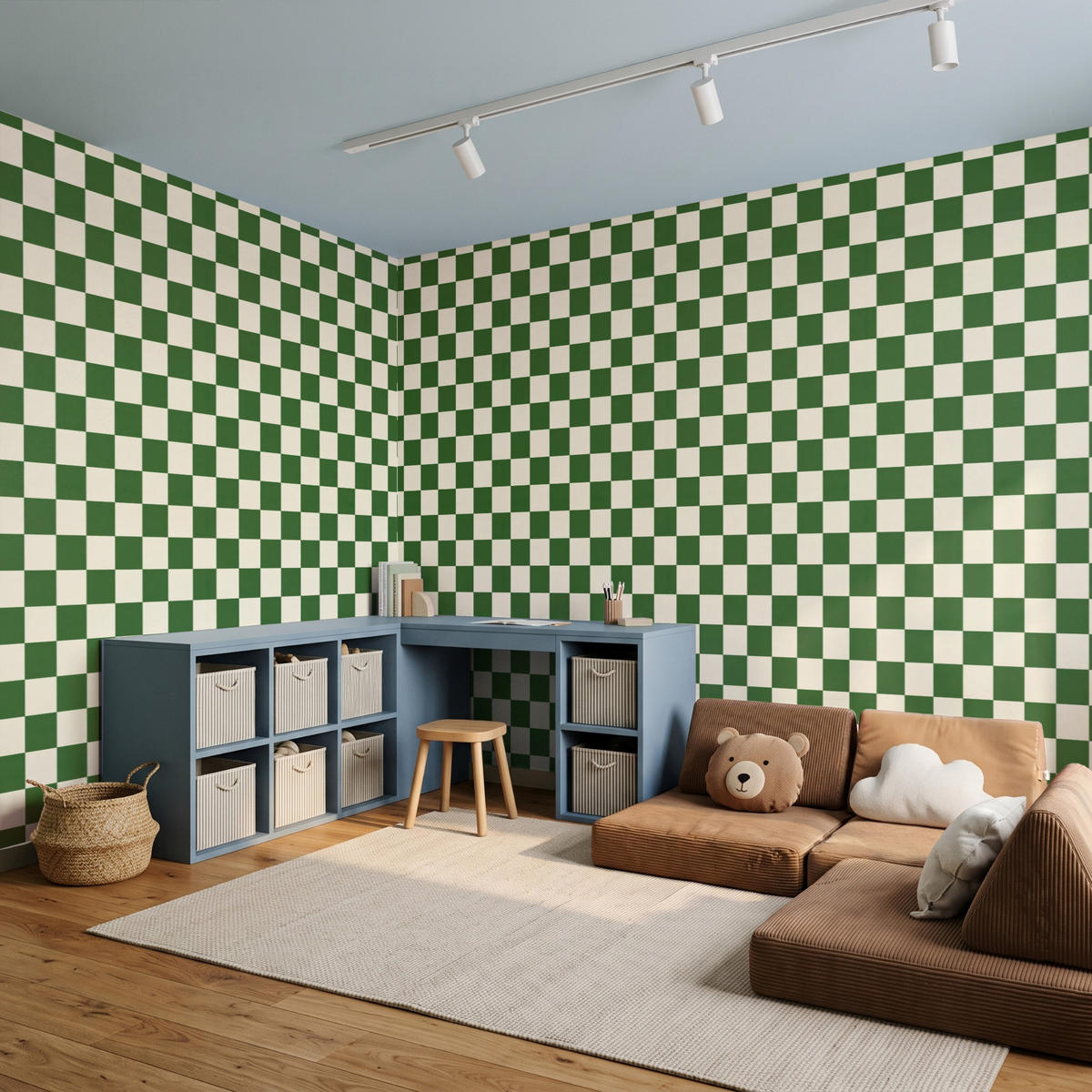KINDERTAPETE - Schachbrett - Muster - Grün - 500x200 cm - Grün, Papier (500/200cm) - OnlyWow