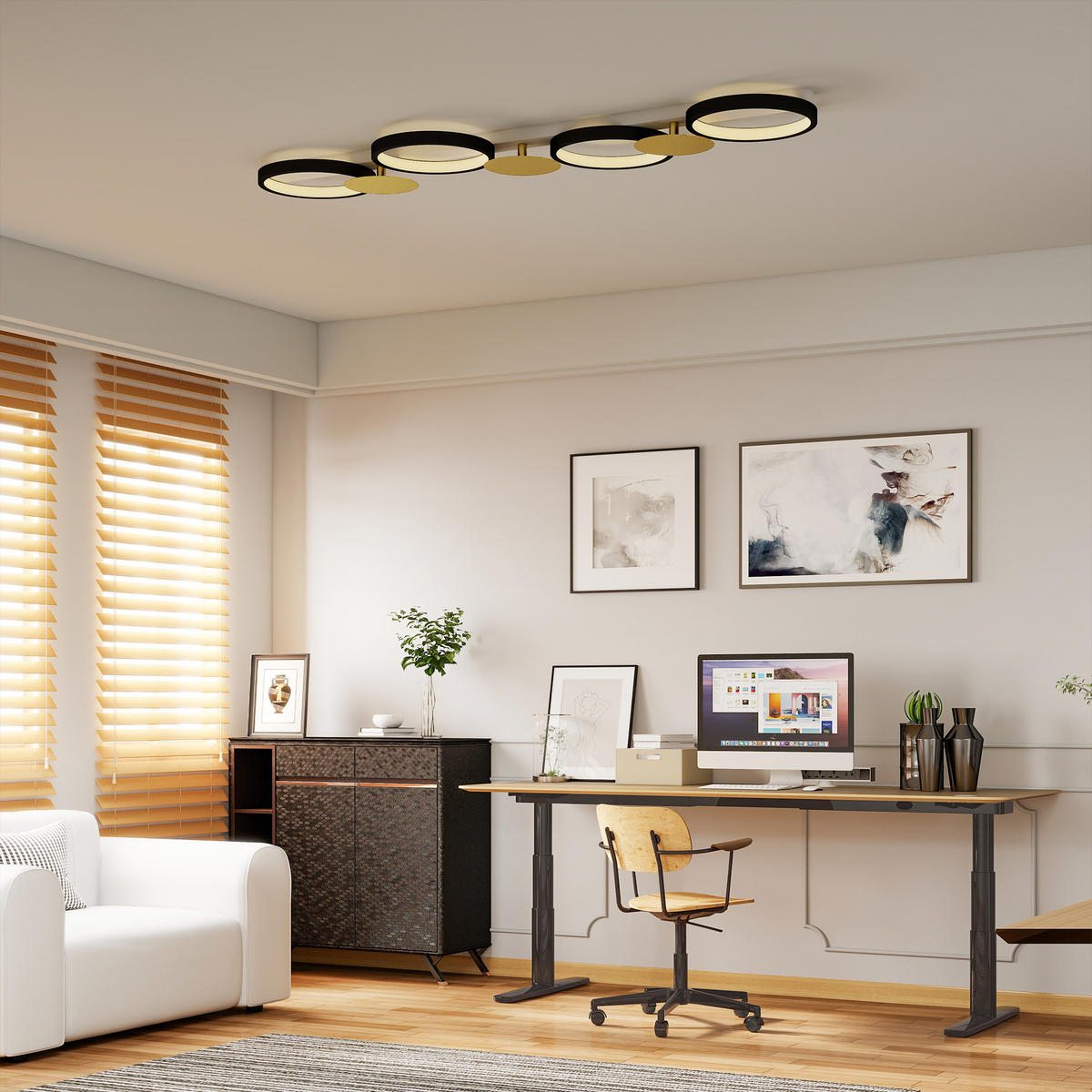 DECKENLEUCHTE LED 38W 1500LM 3000K-6500K Deckenlampe mit 4 Glühbirnen Szenenmodi - Schwarz, Metall (100/31/7cm) - HOMCOM