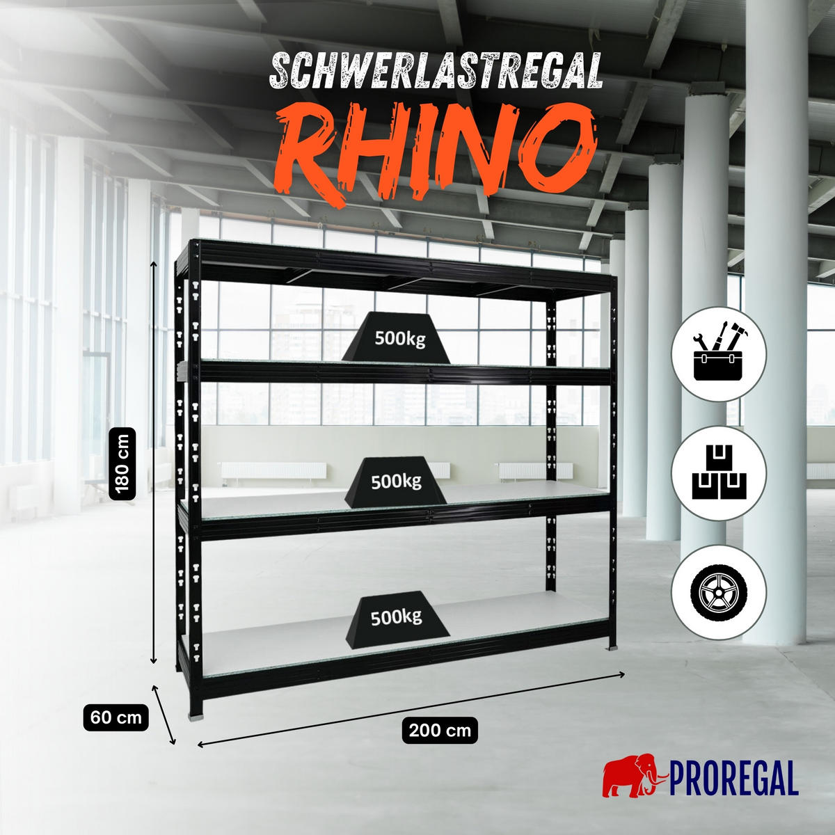 SCHWERLASTREGAL Rhino 180x200x60 cm 4 Melamin-Ebenen 16mm Fachlast 500 kg Schwarz - Schwarz/Weiß, Metall (200/180/60cm) - PROREGAL