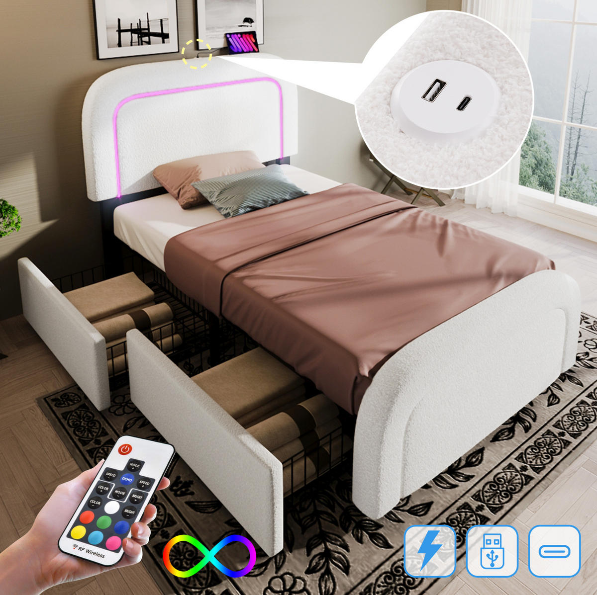 POLSTERBETT 90/200 cm Weiß mit LED-Beleuchtung, Schubladen und USB- und Type-C-Anschlüssen - Weiß, Textil (90/200cm) - Flora Grace
