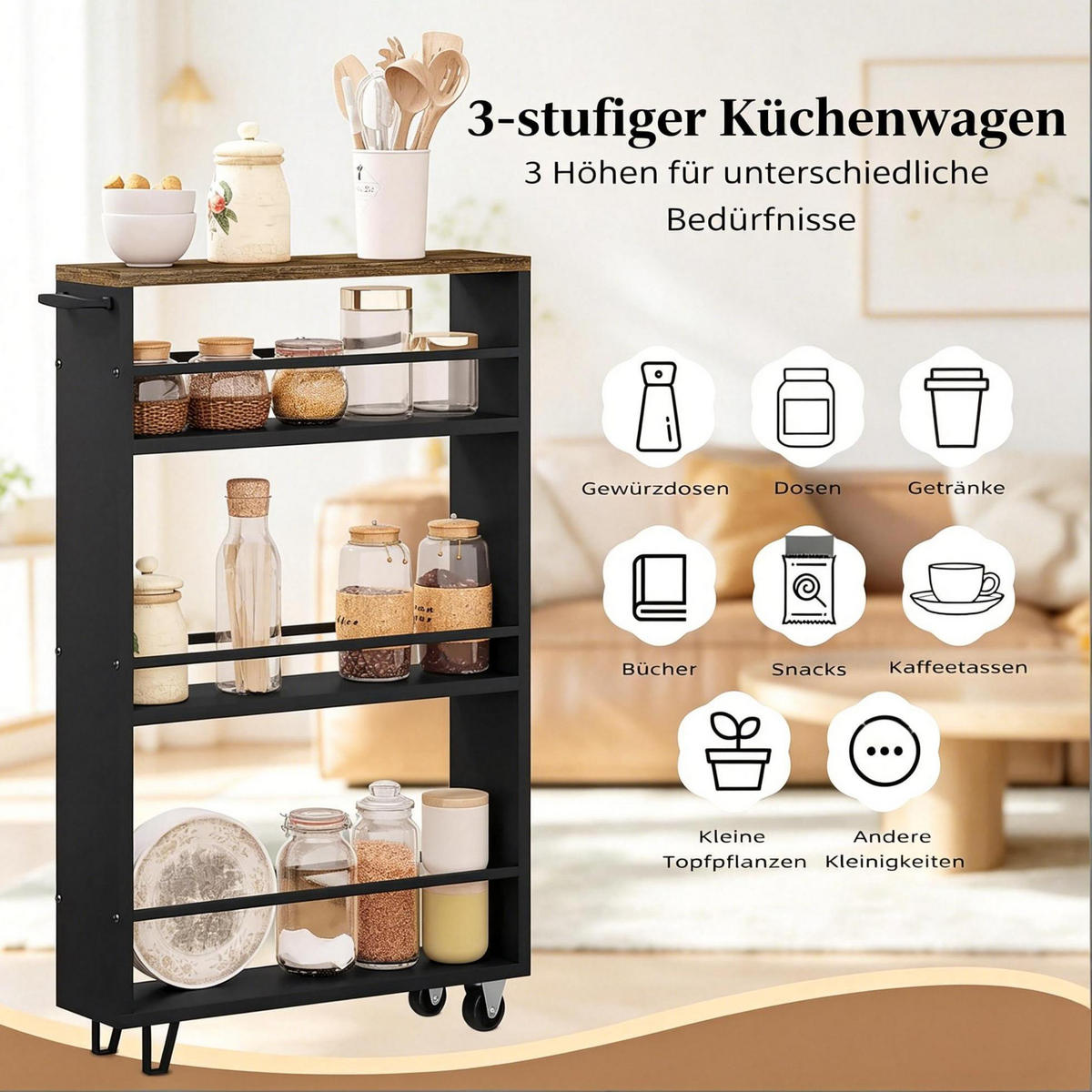 KÜCHENWAGEN schmal 47 x 80 x 13 cm Schwarz - Schwarz, Holz (47/80/13cm) - Beauniv