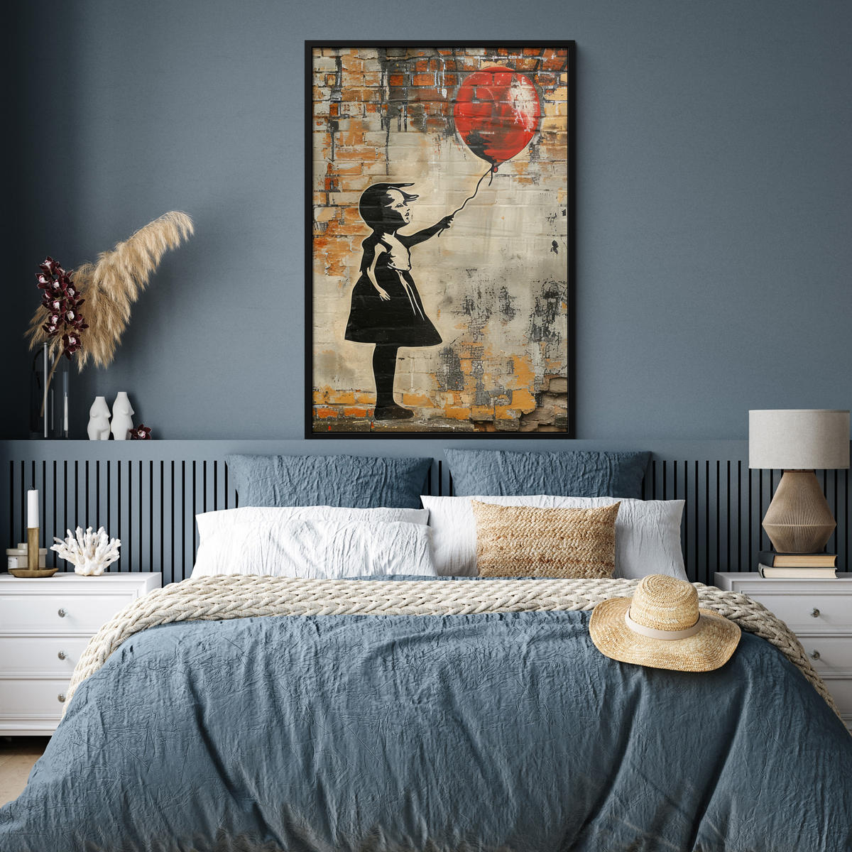GERAHMTES BILD Graffiti - Banksy - Mädchen - Straßenkunst 80x120 cm - Sandfarben, Papier (80/120cm) - MuchoWow