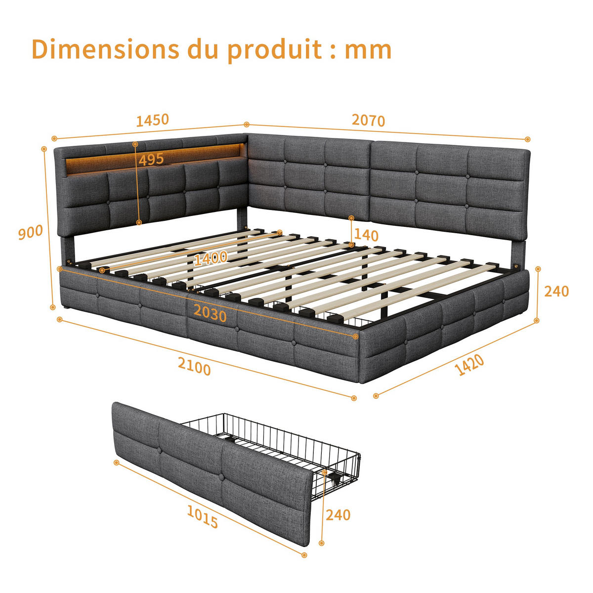 POLSTERBETT 140x200 cm mit 2 Schubladen und LED - Gepolstertes Schlafsofa aus Leinen mit USB und Lattenrost - Für Jugendliche und Erwachsene - Grey - Grau, Holzwerkstoff (140/200cm) - Brevoria