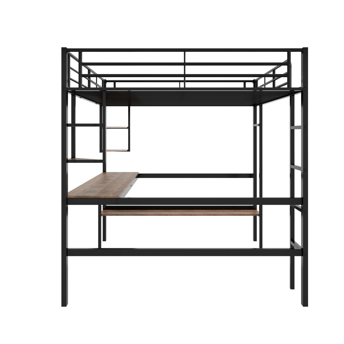 HOCHBETT aus Metall und MDF 140x200 cm Schwarz mit Schreibtisch, Regalen und Bücherregal - Schwarz, Metall (90/200cm) - Modfu