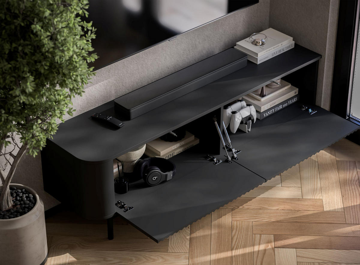 TV komoda Aurora matná čierna 140 cm s kovovým rámom - čierna, kov/kompozitné drevo (140/44/35cm) - Meble Lindner