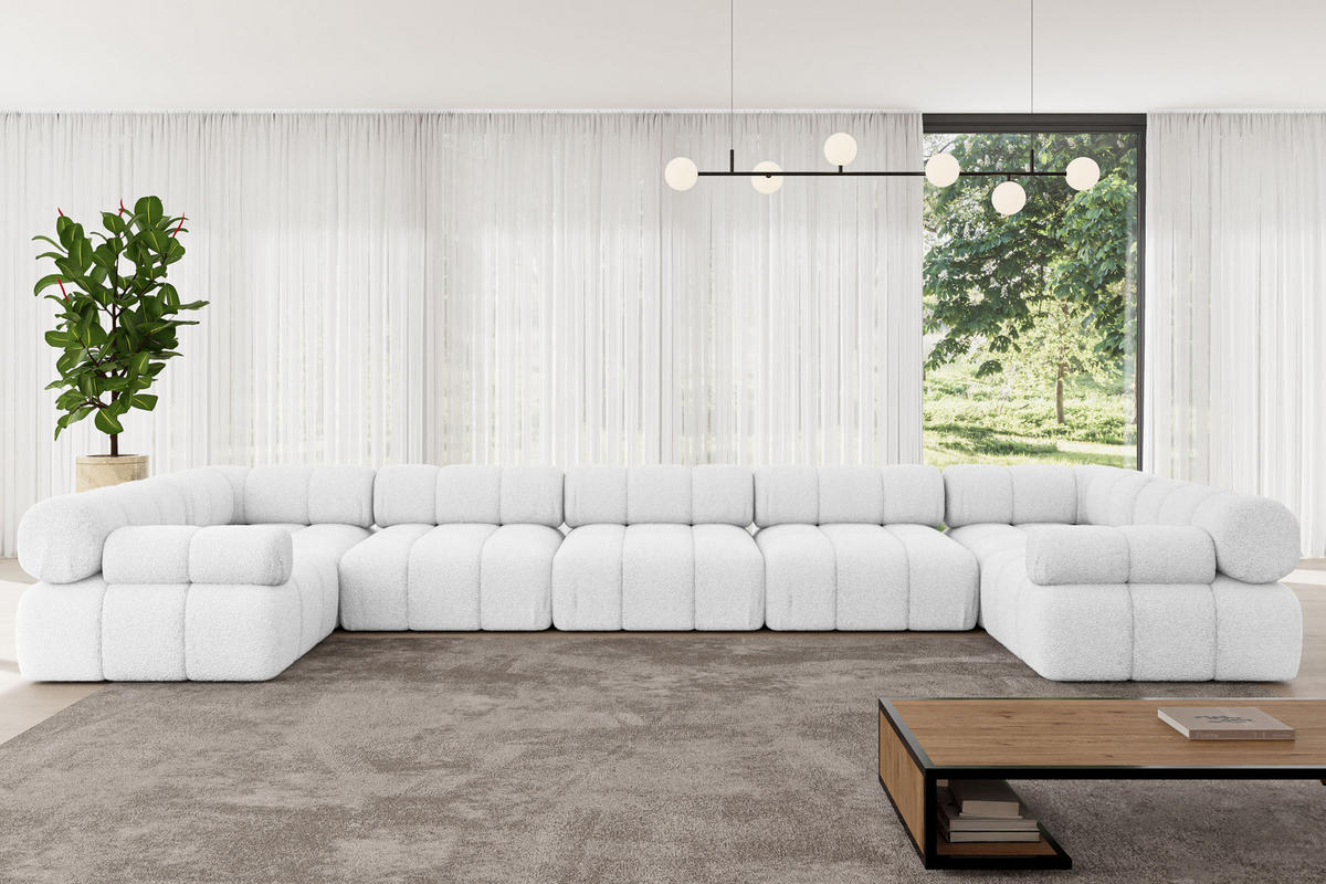 WOHNLANDSCHAFT modulares Sofa Birno-U3 - 475x190x70 cm Weiß Bouclé - Weiß, Holzwerkstoff/Textil (475/70/190cm) - ALTDECOR
