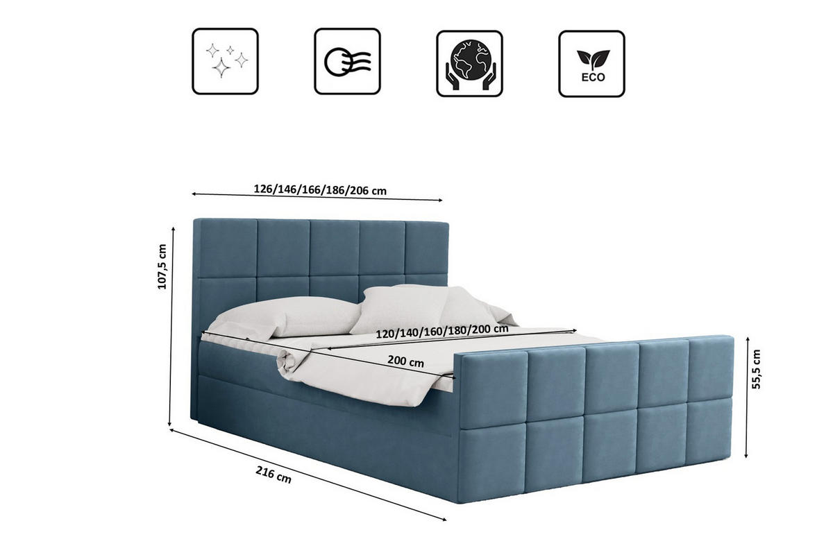 BOXBETT mit Bettkasten und Matratze Topper HANA Stoff Matt Velvet Hellblau 180x200 cm H3-Bonell - Hellblau, Holz/Textil (180/200cm) - Kaiser Möbel