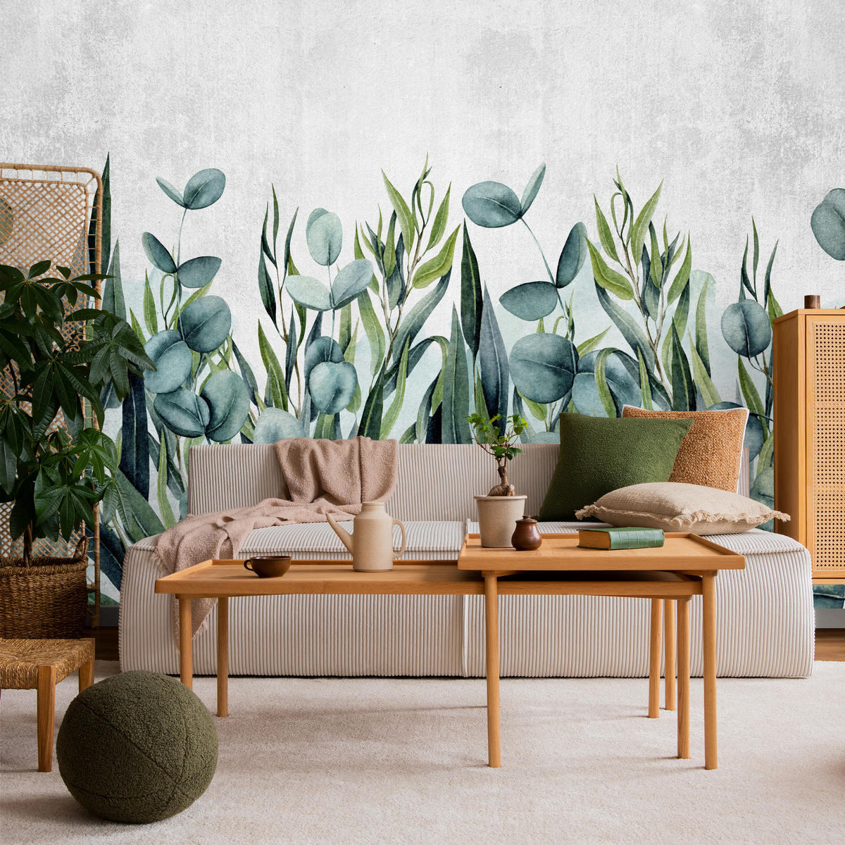 FOTOTAPETE für Schlafzimmer Beton Blätter Aquarell Natur Grün Eukalyptusblätter 500x350 - Grau/Grün, Papier (500/350cm) - Muralo