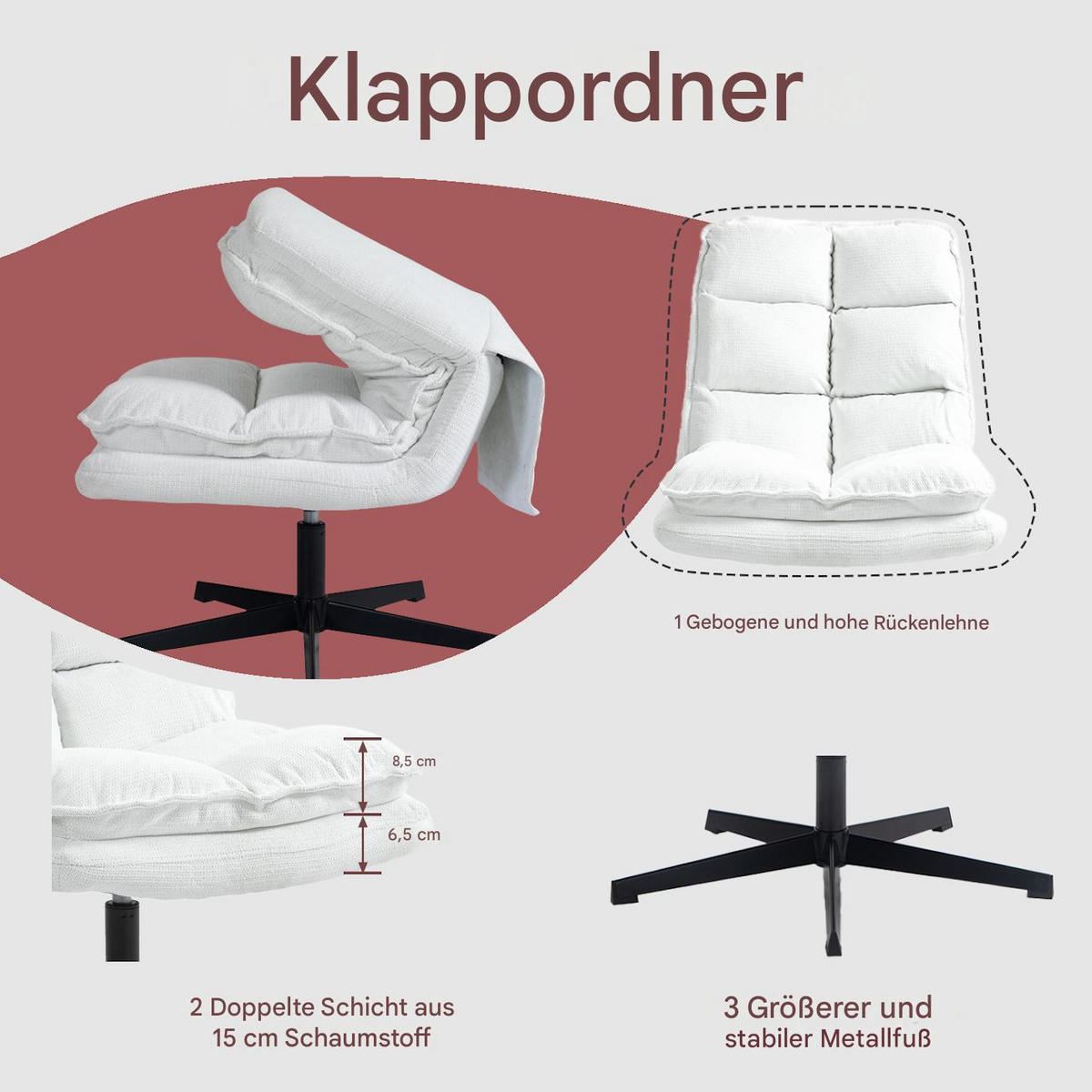 DREHSESSEL 360° Weiß, Gepolstert, Stoffbezug, Klappbare Rückenlehne - Weiß, Metall (65/85/79.5cm) - Meubles Cosy