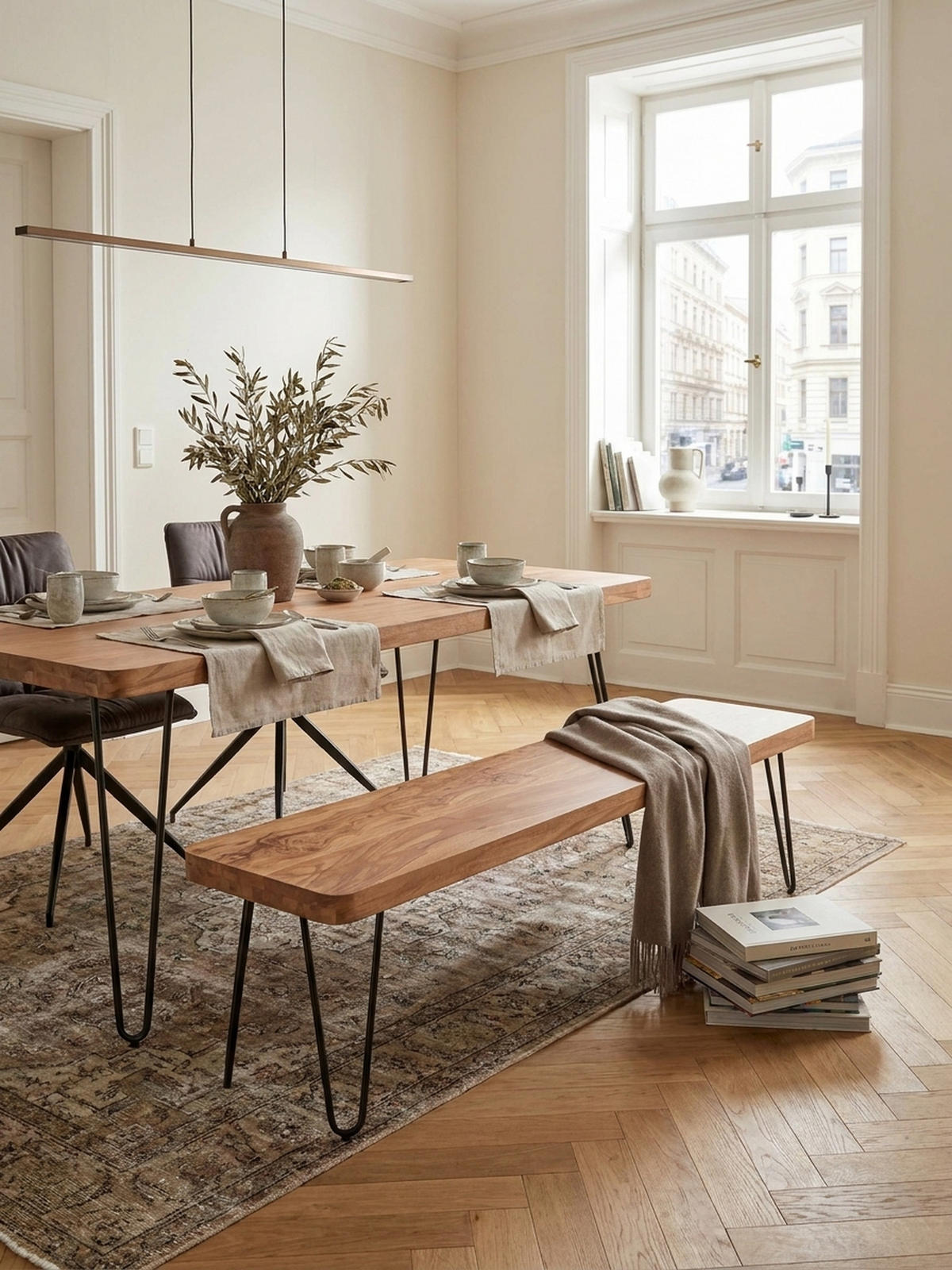 SITZBANK BALU Massivholz Metallbeine Landhausstil, Beige 160x40x45 cm - Beige/Schwarz, Holz/Metall (160/45/40cm) - KADIMA DESIGN