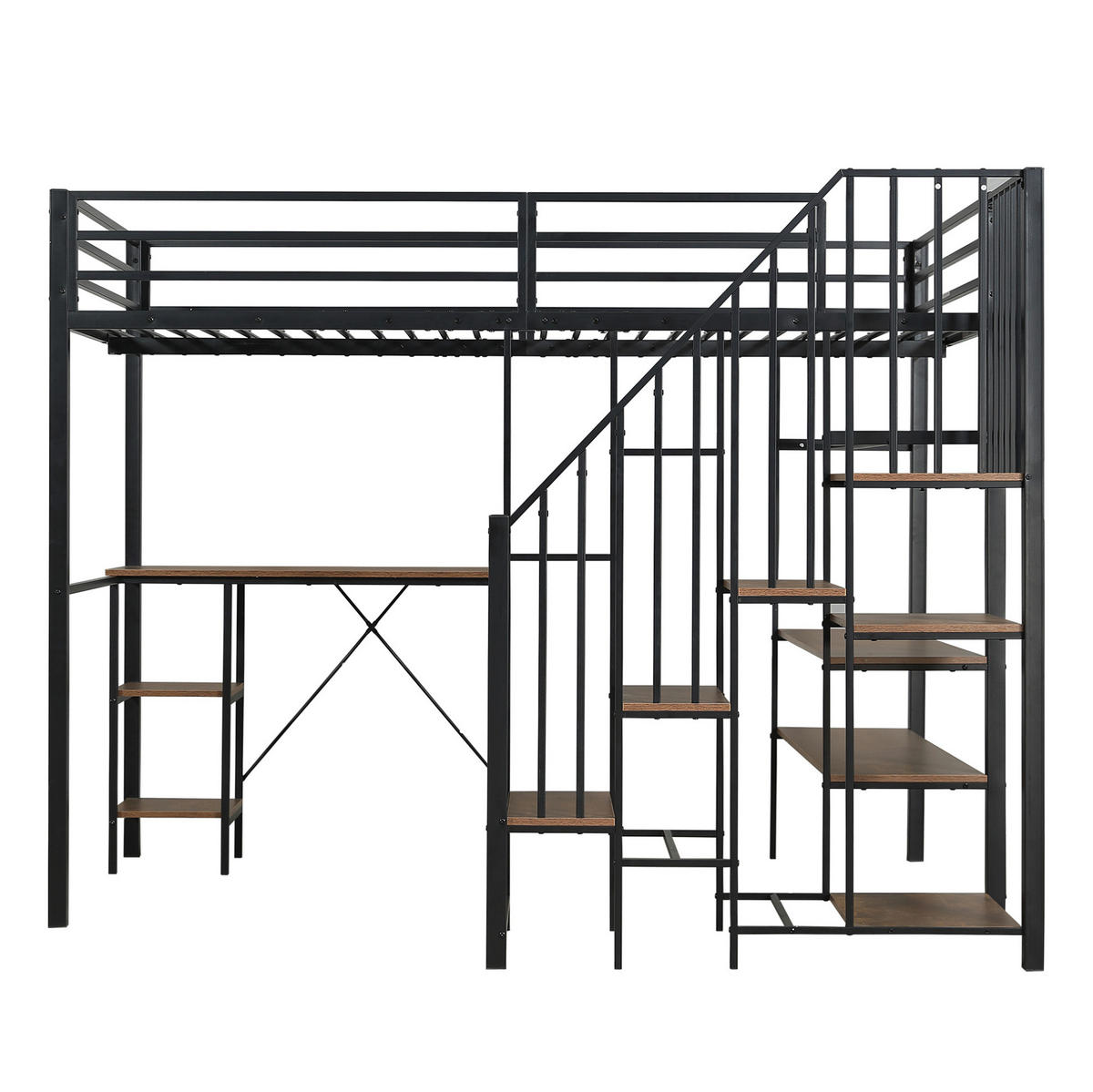 HOCHBETT 120/200 cm aus Metall mit Schreibtisch und offenem Kleiderschrank - Schwarz, Holzwerkstoff (120/200cm) - BEAOK