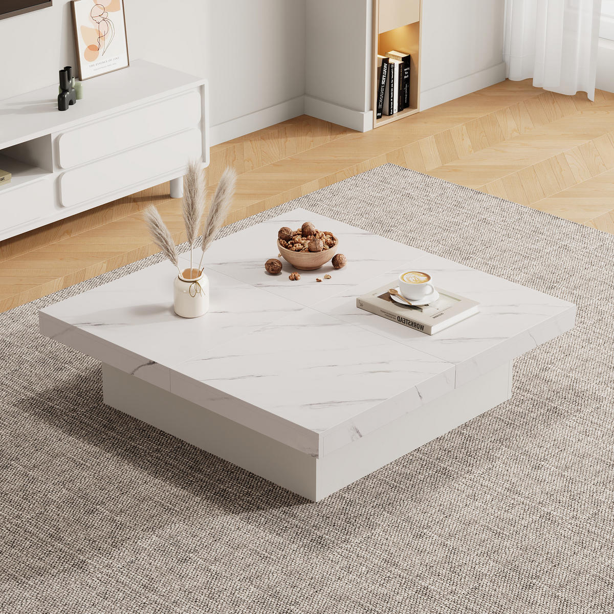 COUCHTISCH Weiß 90/90/25 cm mit Schiebefunktion - Weiß, Holzwerkstoff (90/90/25cm) - PANGIVO