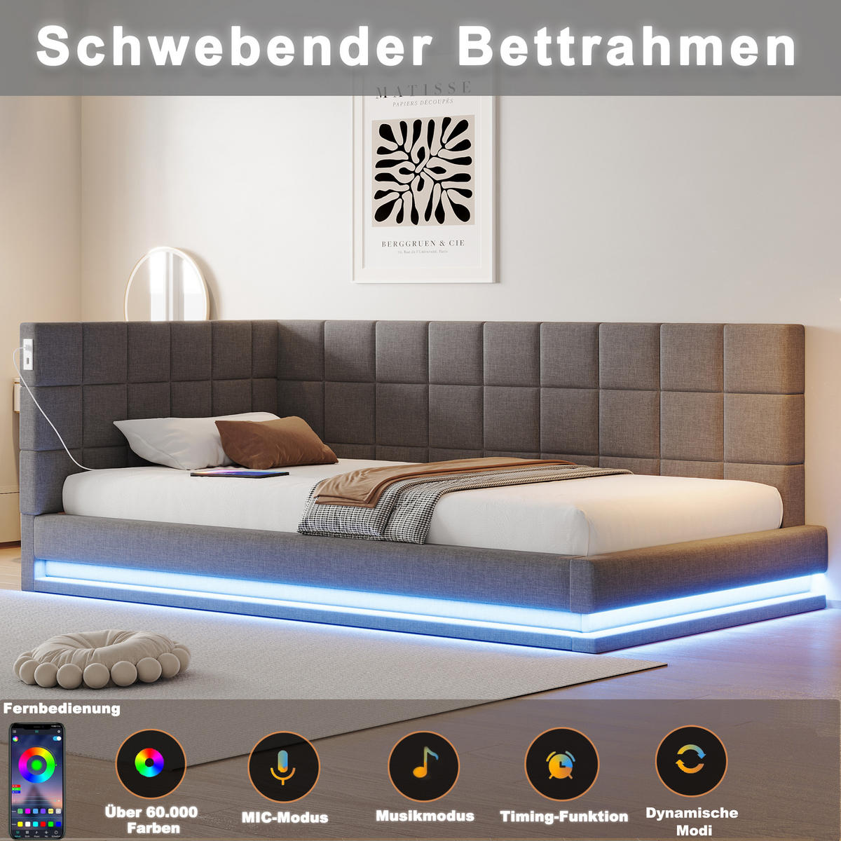 SCHLAFSOFA 90/200 cm in Grau Leinen mit LED und USB - Grau, Holzwerkstoff/Textil (90/200cm) - WISHDOR