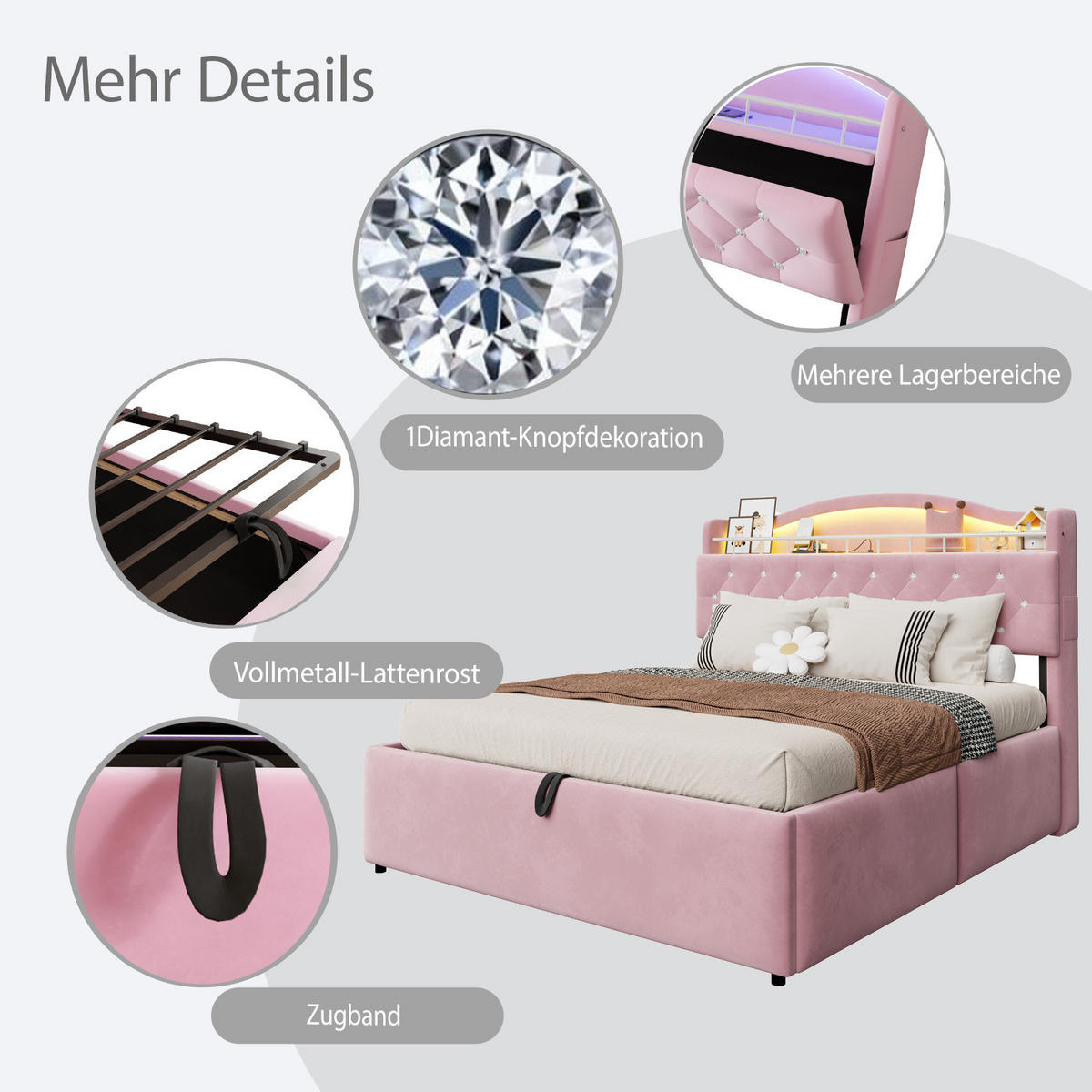 POLSTERBETT 180/200 cm aus Samt und Metall mit Stauraum Rosa - Pink, Textil (180/200cm) - OKMYHOME