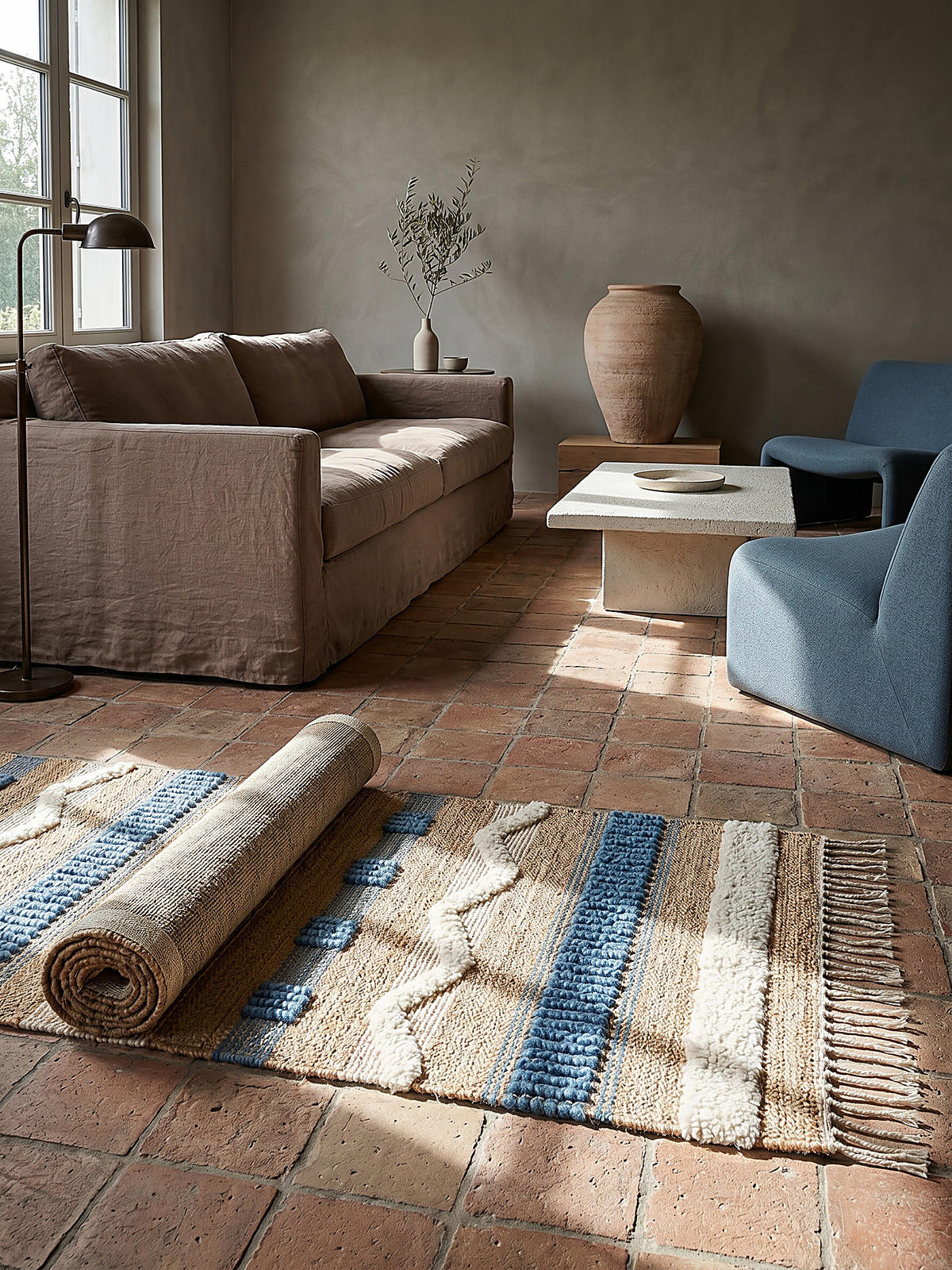 JUTETEPPICH handgewebt mit Fransen WHARFE, im Ethno-Stil, Natur-Blau, 60 x 230 cm - Blau, Textil (60/230cm) - KADIMA DESIGN