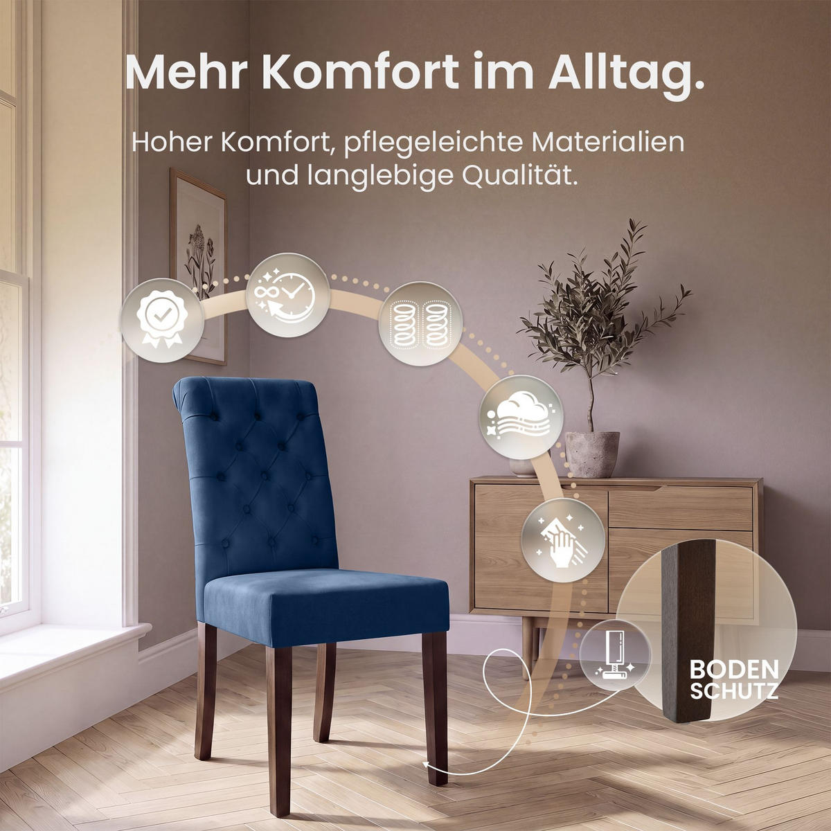 STUHL 2er Set Samt Blau - Blau/Walnussfarben, Holz/Textil (45/98/63cm) - CLP
