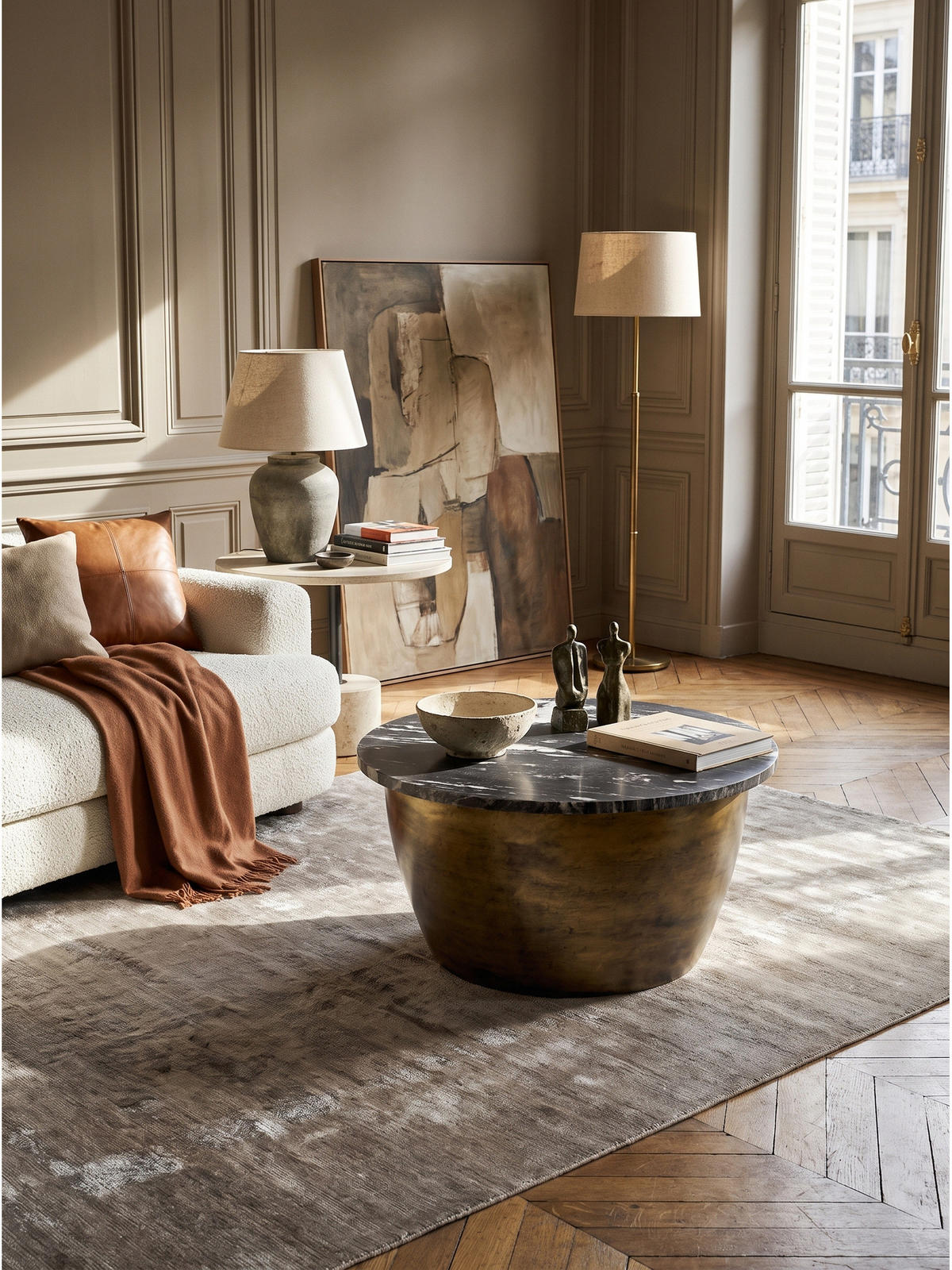 COUCHTISCH HAVEL, Marmor, handgefertigt, Schwarz-Gold, Ø 60 x 34 cm - Goldfarben, Stein/Metall (60/60/34cm) - KADIMA DESIGN