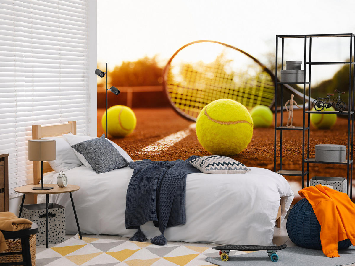 FOTOTAPETE für Jugendzimmer Tennisschläger Court Sport Ball 350x256 - Gelb/Orange, Papier (350/256cm) - Muralo