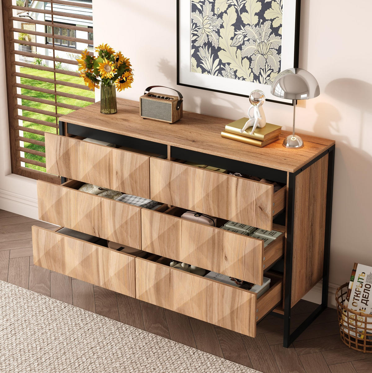 SIDEBOARD mit 6 Schubladen, Schwarz und Holz mit Metallgestell und verdeckten Griffleisten, 120/40/80 cm,Naturfarben - Naturfarben, Holzwerkstoff (120/80/40cm) - Redom