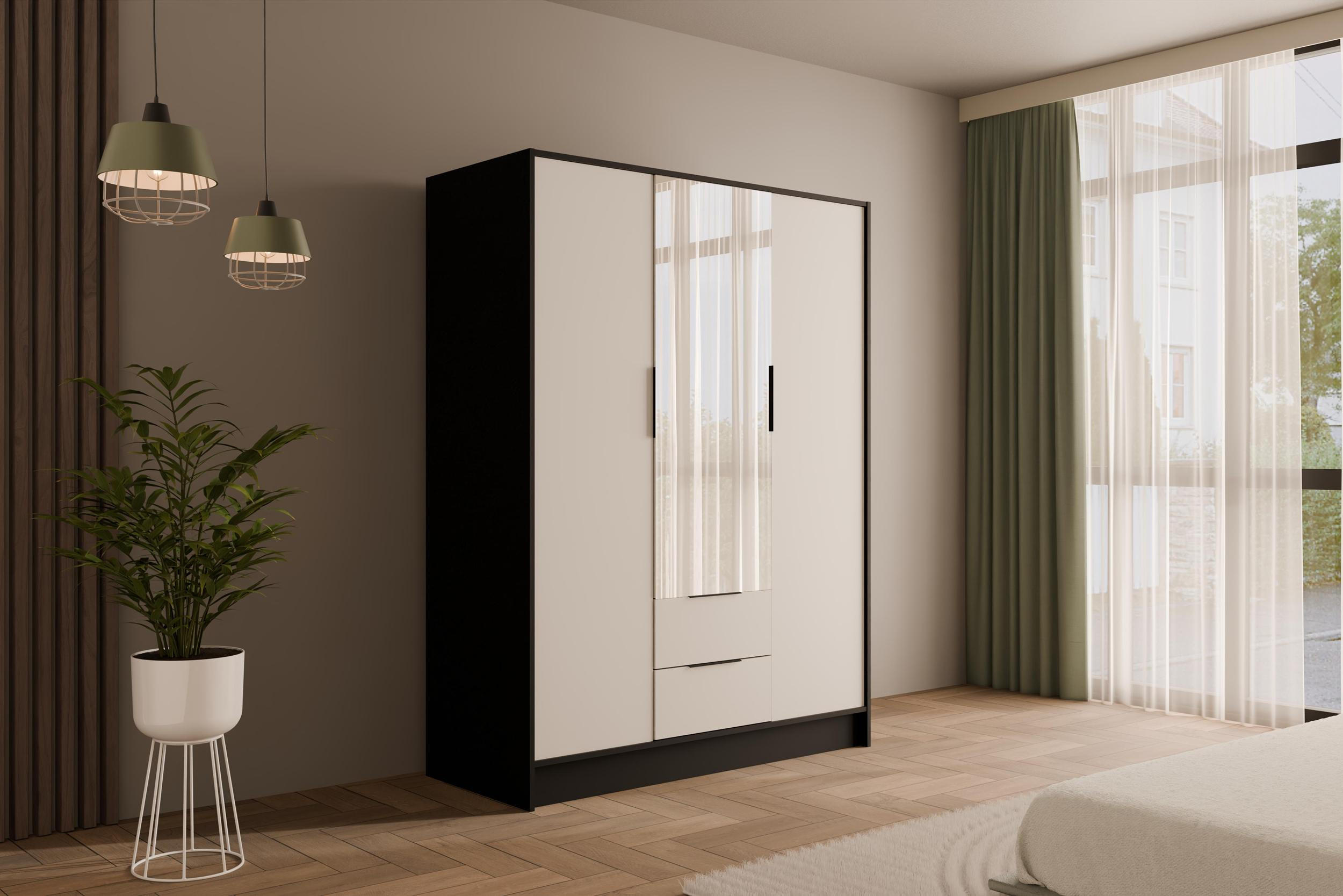 KLEIDERSCHRANK mit Spiegel und Flügeltüren KOLIN 150x200cm Schwarz / Weiß - Schwarz/Weiß, Holzwerkstoff (150/200/51cm) - ALTDECOR