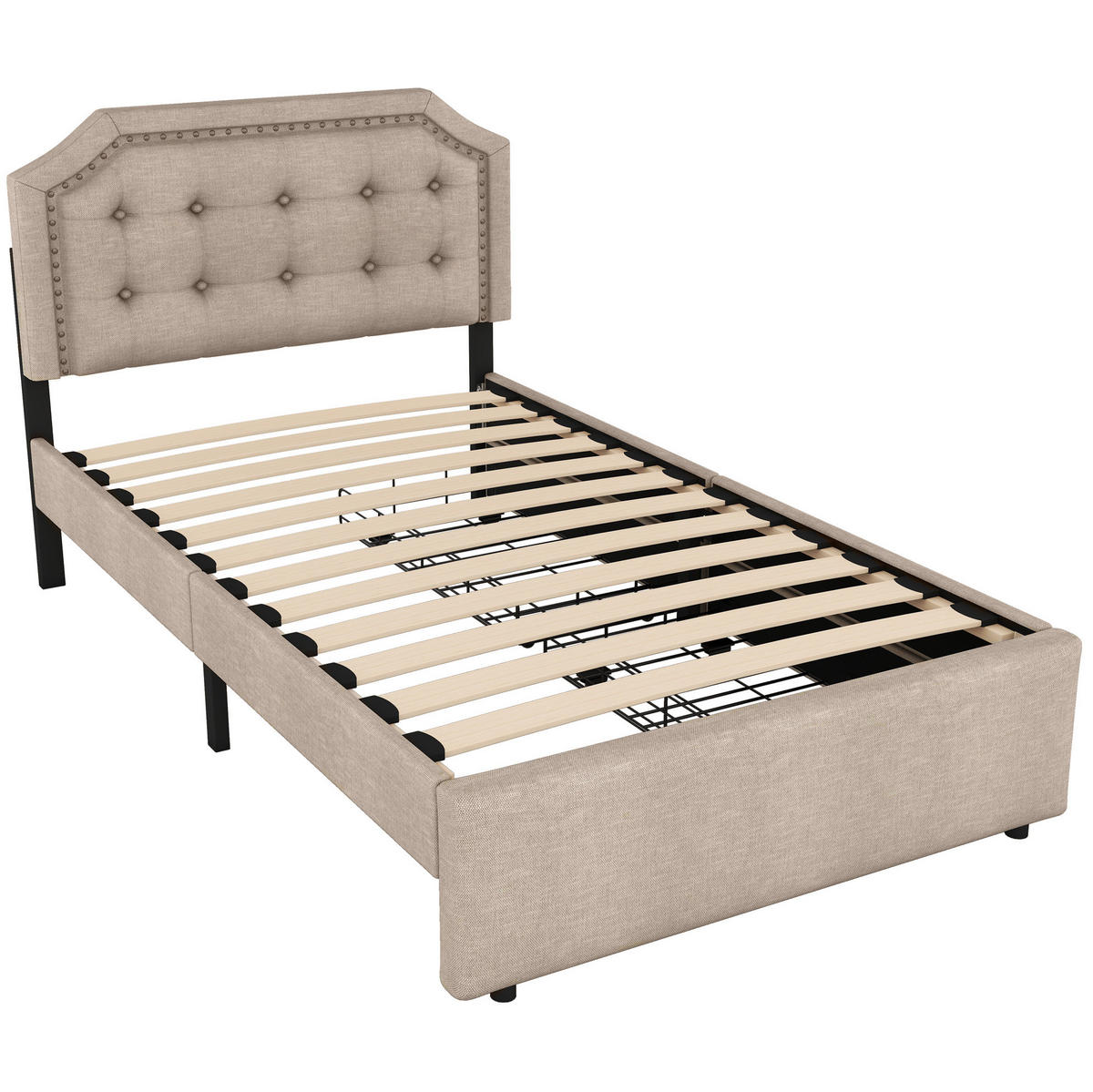 POLSTERBETT 90/200 cm in Dunkelbeige mit 2 Schubladen und verstellbarem Kopfteil - Beige, Textil (90/200cm) - Flora Grace