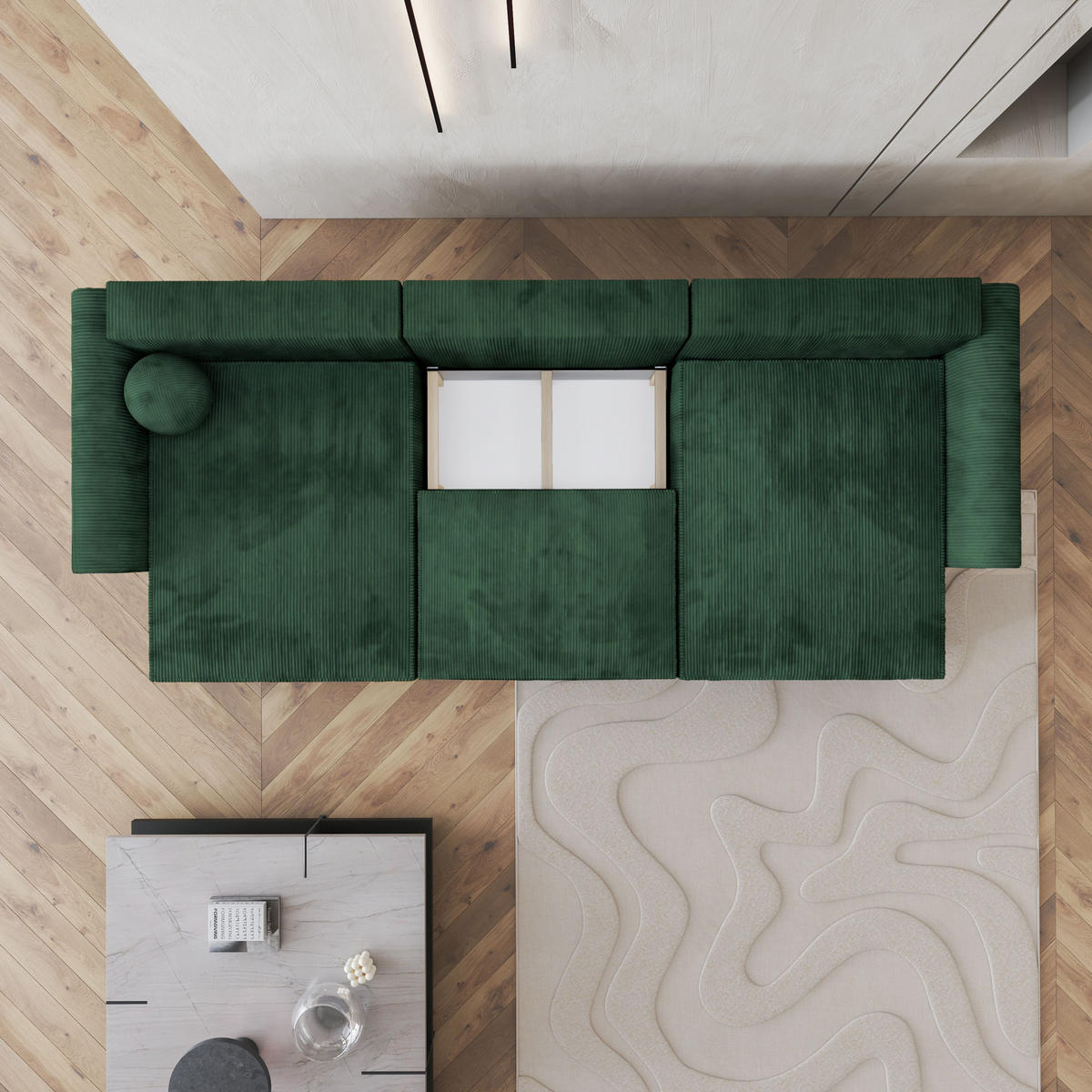 WOHNLANDSCHAFT FENTO P Grün Kordstoff mit Schlaffunktion - Grün, Holz (347/90/148cm) - MASSENO