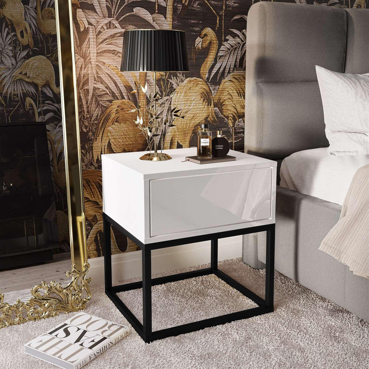 Nachttisch BLANCO LOFT II auf schwarzem Gestell Weiß Hochglanz - Weiß Hochglanz, Holzwerkstoff (45/52/36.5cm) - Lookway