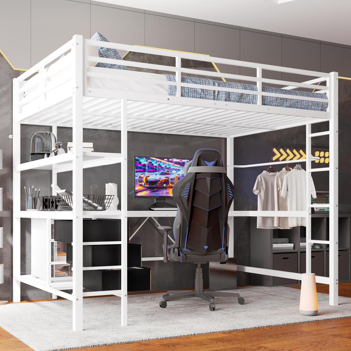 HOCHBETT 140/200 cm Weiß mit LED-Beleuchtung mit Schreibtisch mit Steckdose + USB mit 3 Schubladen - Weiß, Metall (140/200cm) - OKWISH