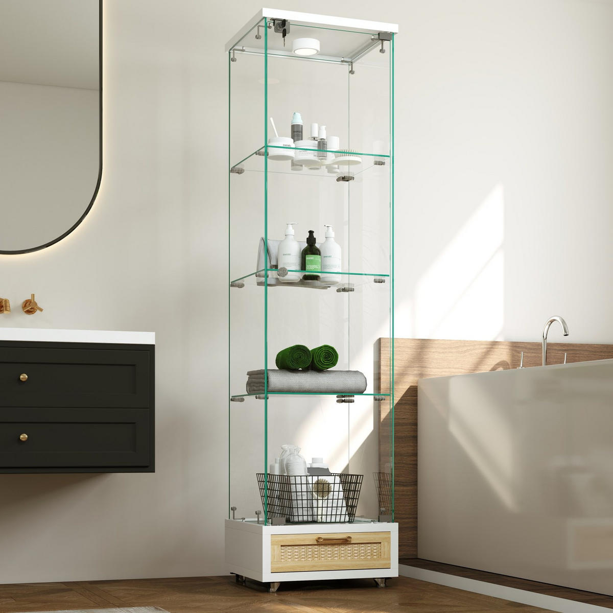 VITRINE 42,5/36,5/167 cm in Weiß mit LED-Beleuchtung und Schubladen - Weiß, Holzwerkstoff (42.5/167/36.5cm) - Flora Grace