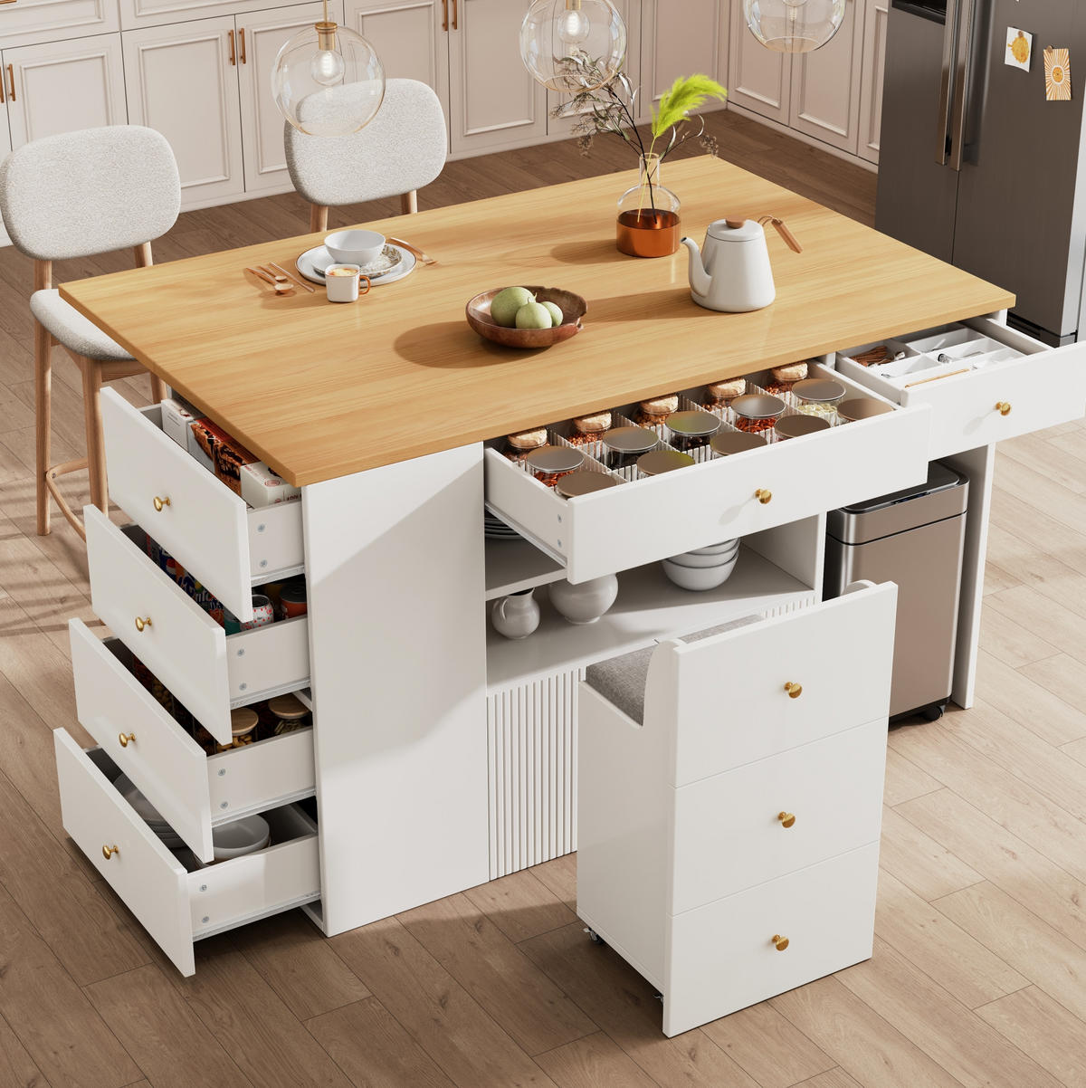 KUCHYŇSKÝ ostrůvek z MDF, 140/40/89 cm, bílý se stoličkou a úložným prostorem - bílá, kompozitní dřevo (140/89/70cm) - Modenvie